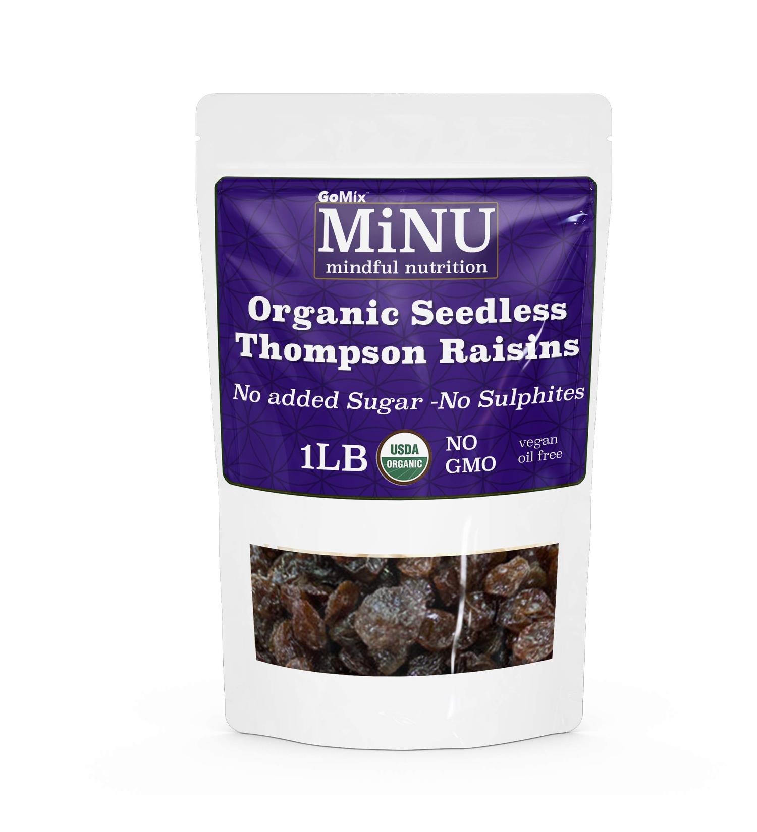 MiNU Organic Thompson Raisins 16 oz - Unsweetened, No Sulphur, Paleo & Vegan Superfood - Non-GMO & Gluten Free - Buy Online on GoSupps.com