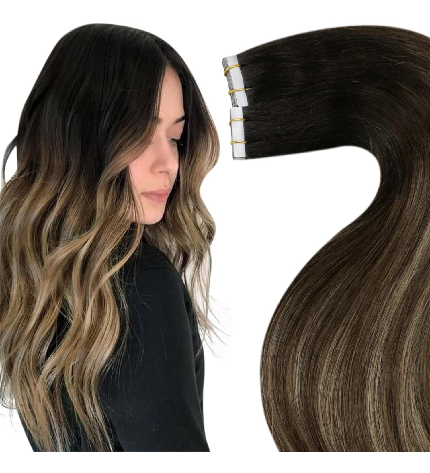 LAAVOO Real Hair Tape In Extensions - Balayage Brown & Black Ombre 50g 20pcs - Premium Quality Invisible Tape Extensions - Buy Online on GoSupps.com