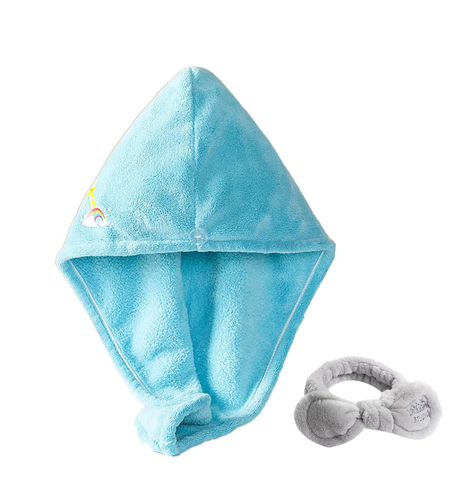 Buy Microfiber Hair Towel Wrap - Super Absorbent Fast Drying Turban with Loop & Button Closure in Blue | Best International Shipping - Buy Online on GoSupps.com