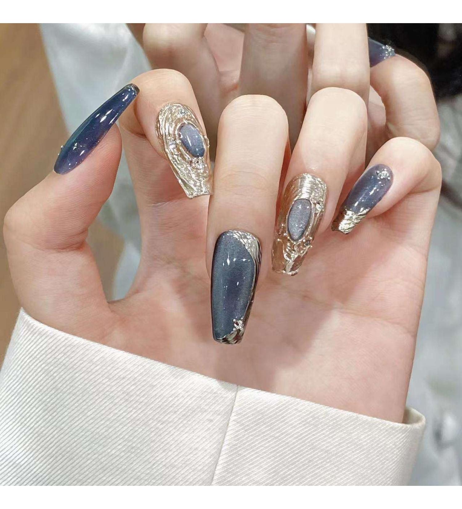 Wearing nail handcrafted manicure fake nail patch blue cat eye long style detachable(S)