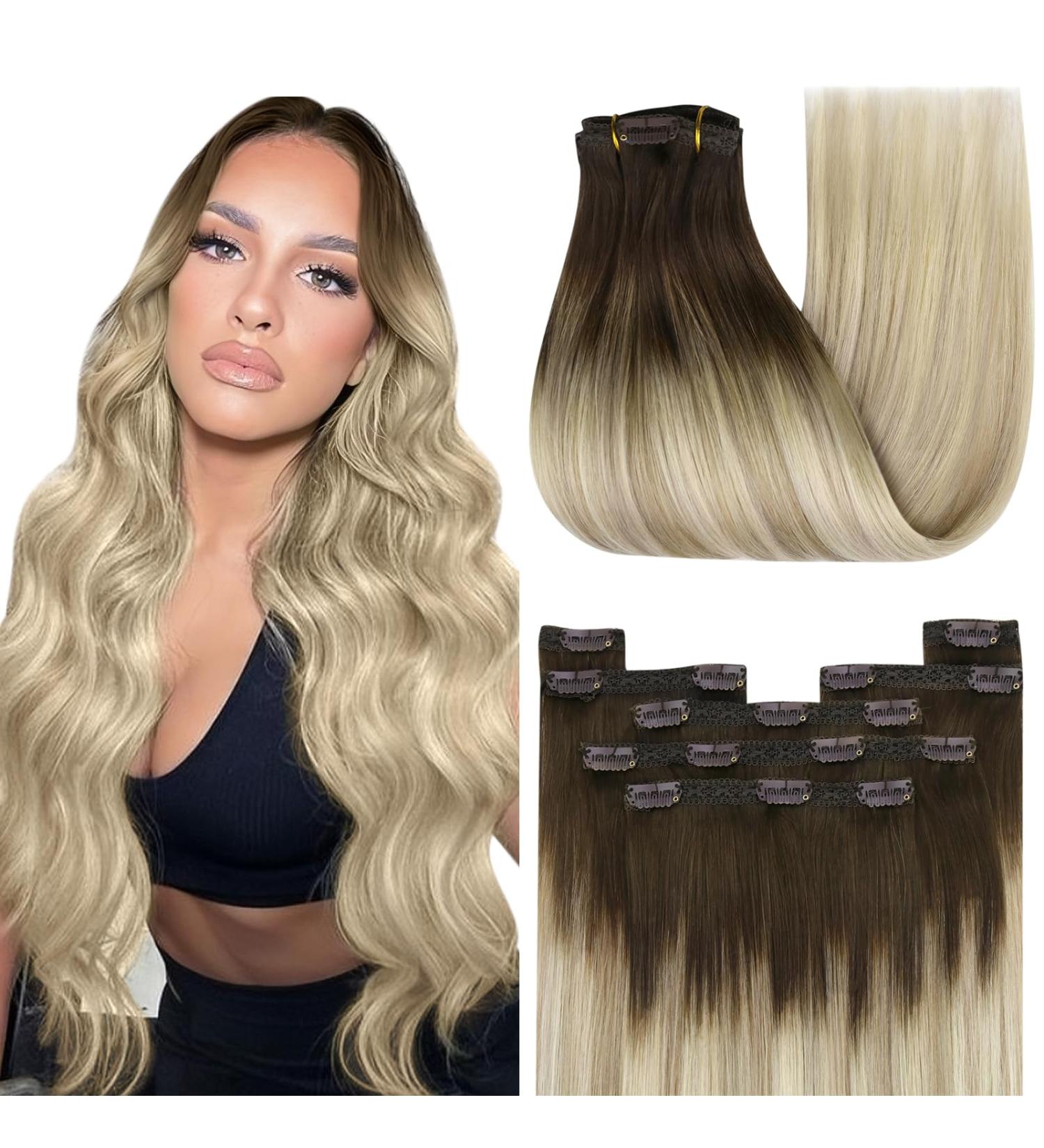 Shop Youngsee Balayage Clip In Hair Extensions - Real Human Hair 55cm Long Brown & Blonde - 7 Pieces - Buy Online on GoSupps.com