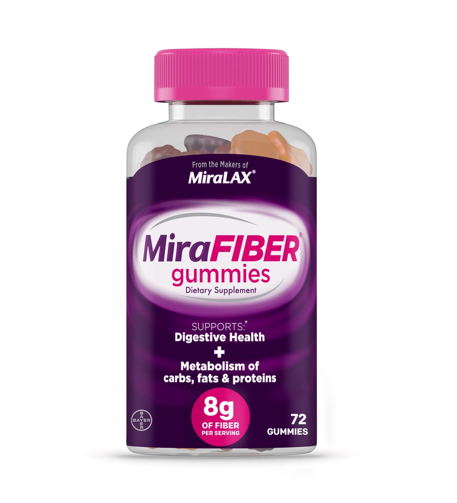 MiraLAX MiraFIBER Gummies: 8g Daily Prebiotic Fiber with B Vitamins - 72 Fruit Flavored Gummies - Buy Online on GoSupps.com