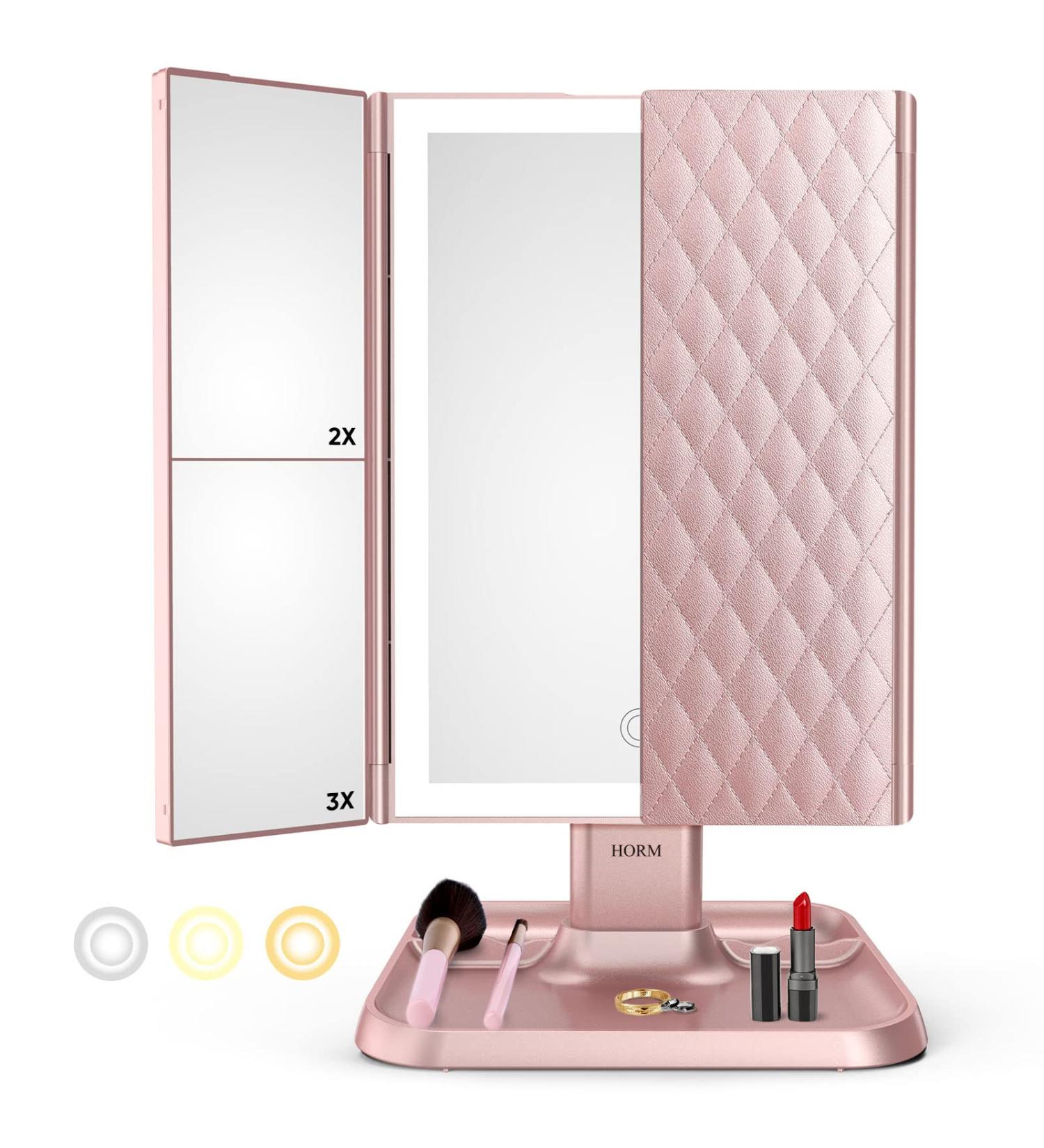 Trifold Makeup Mirror with Lights - 3 Color Modes, 72 LED Vanity Mirror, 1x/2x/3x Magnification, Touch Control, Portable High Definition Cosmetic Mirror - Pale Pink - Buy Online on GoSupps.com
