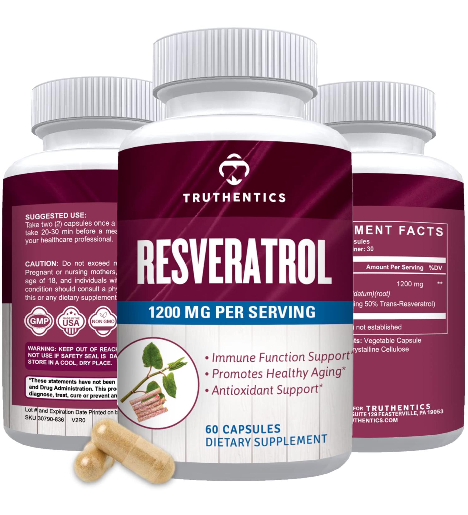 TRUTHENTICS Resveratrol Supplement 1200mg - Japanese Knotweed Capsules - High Potency Trans Resveratrol Nutritional Supplements for Healthy Aging Vibrant Skin & Immune Health - 60 Vegan Capsules - Buy Online on GoSupps.com