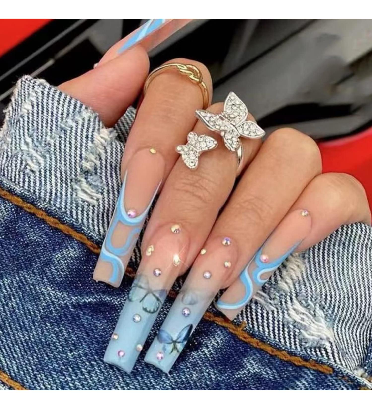 Runrayay Blue Long Artificial Nails with Nail Stone | French Butterfly Press-On Coffin Acrylic Tips for Women | 24-Piece Set - Buy Online on GoSupps.com