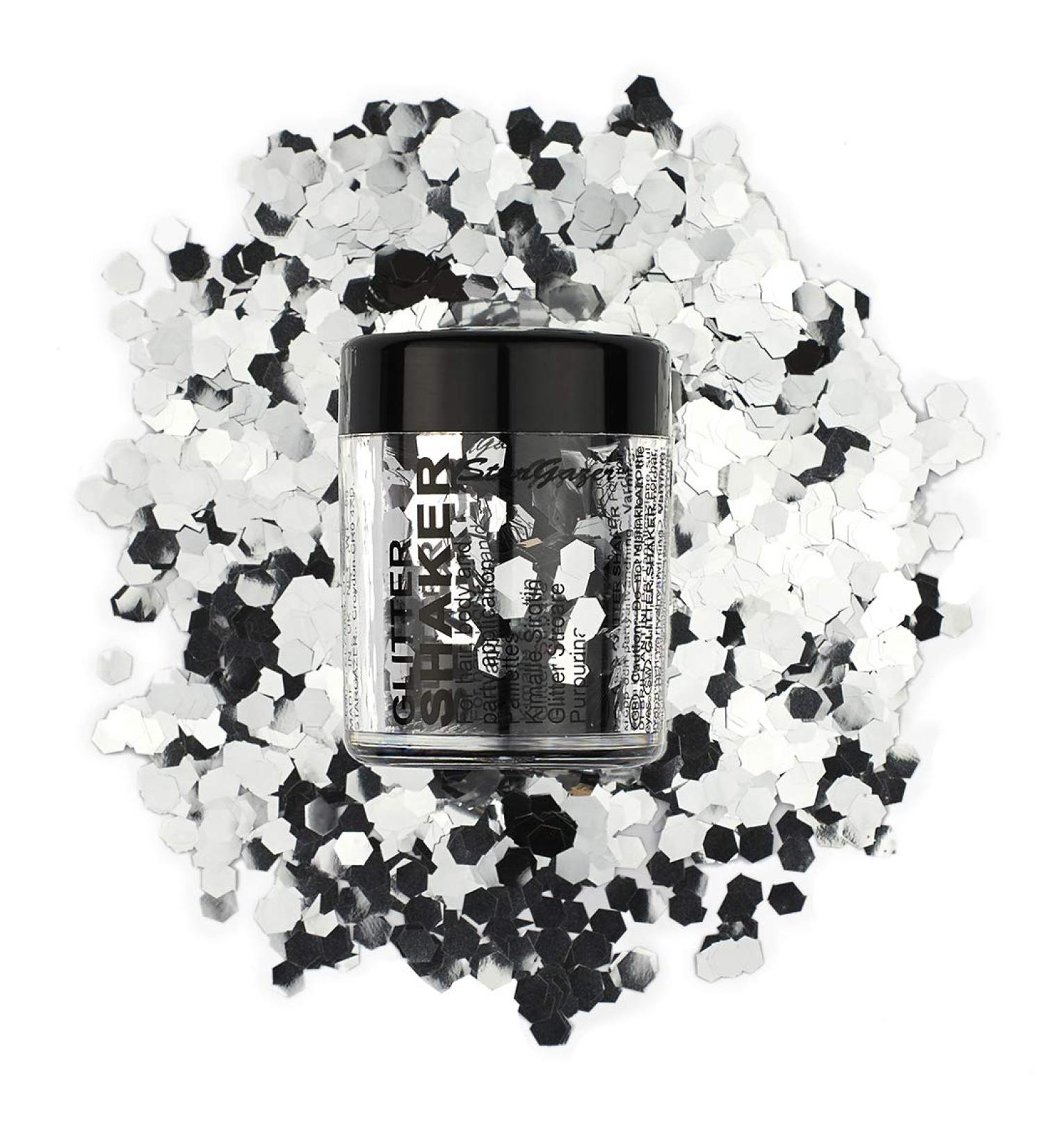 Stargazer Chunky Glitter Shaker Silver. Cosmetic glitter for use on the eyes lips face body hair and nails. - Buy Online on GoSupps.com