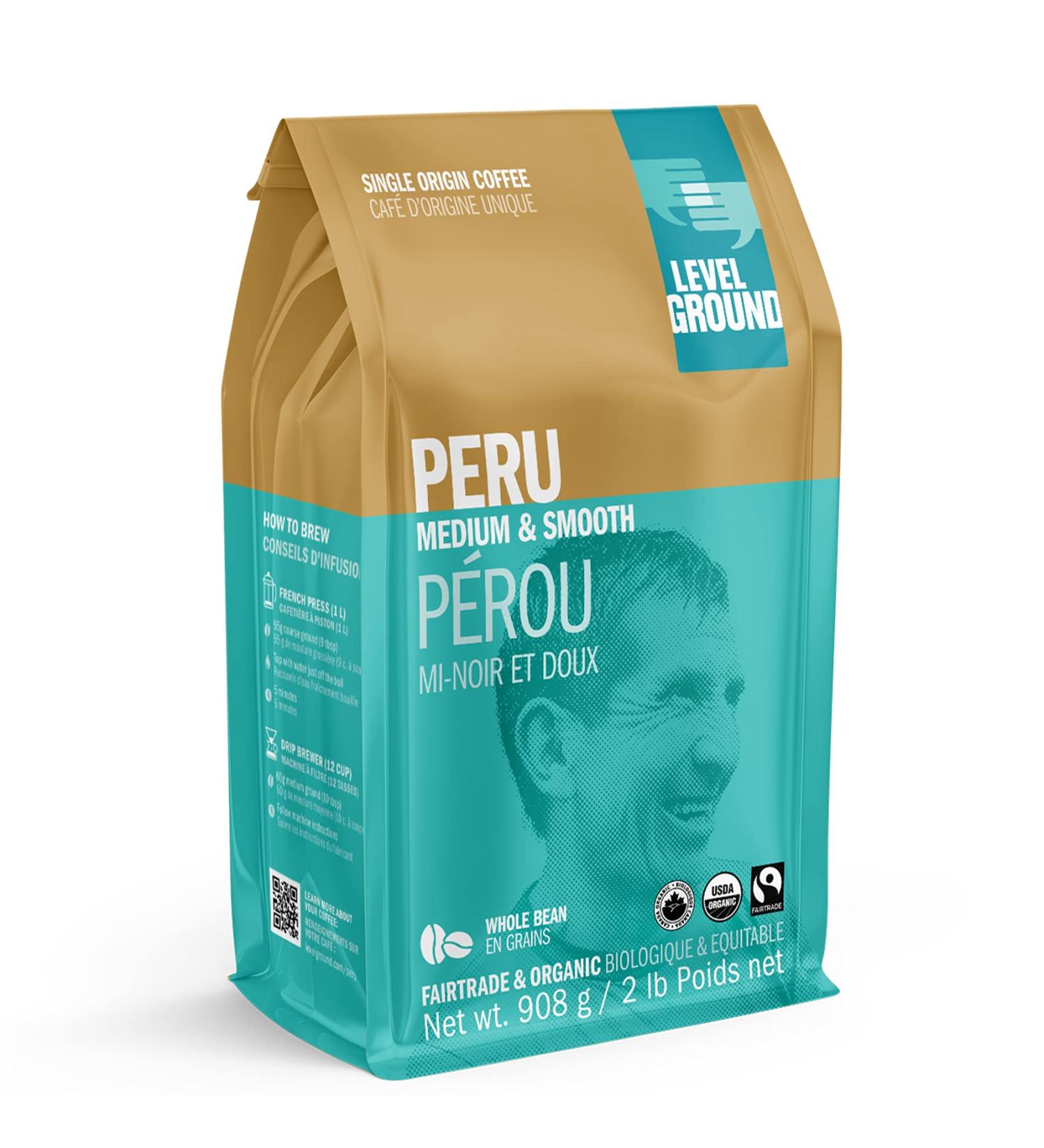 Level Ground Coffee - Peru Single Origin - Medium Roast Whole Bean - Fair Trade Organic 1% For the Planet Kosher - Specialty Coffee - Great in a Drip Brew French Press Pour Over - Tastes Savoury Silky Cocoa - 908g / 2lb Sweet citrus Chocolate Toasted Pean - Buy Online on GoSupps.com