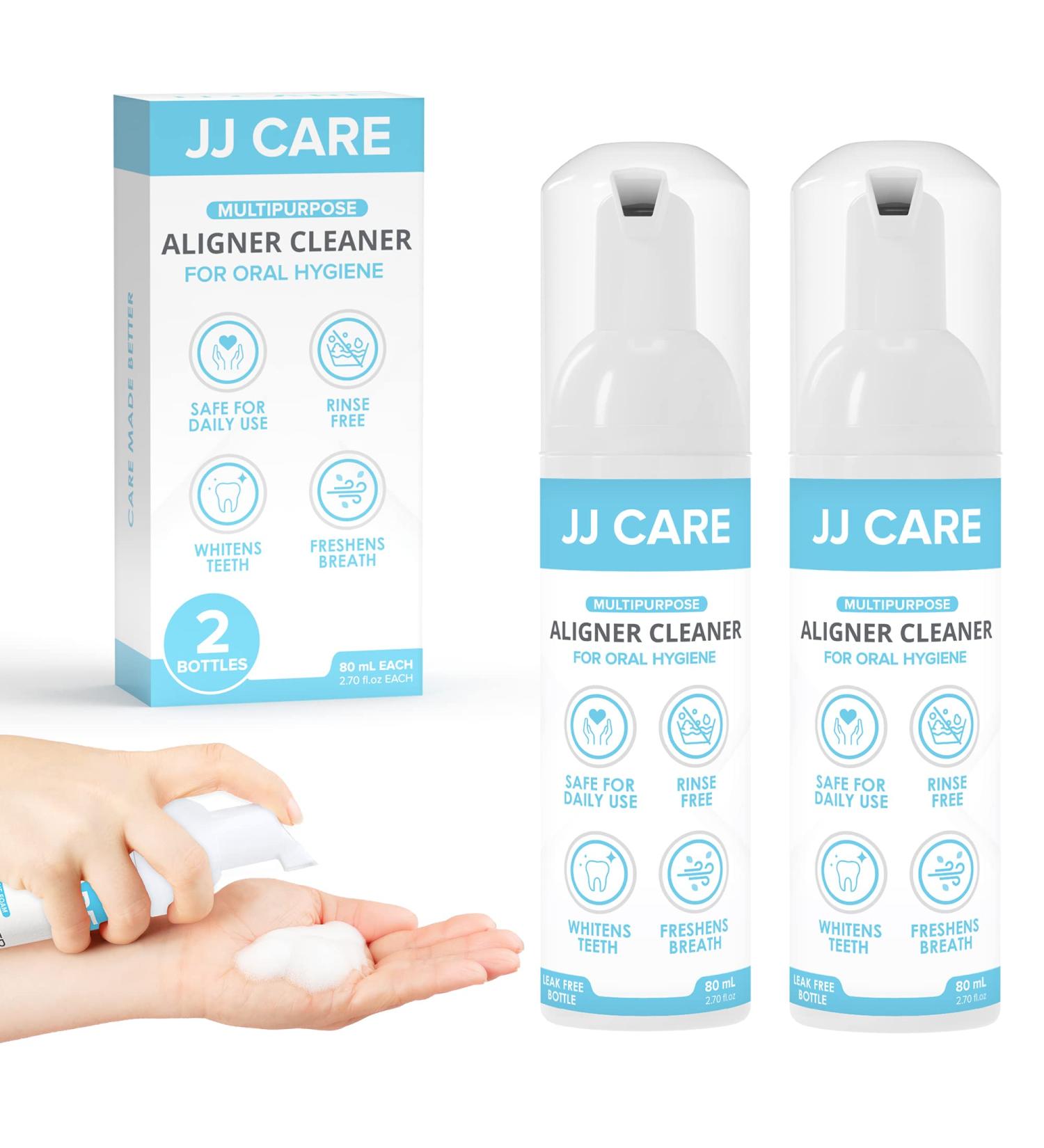 JJ CARE Aligner Cleaner Pack of 2 - 80ml Lemon-Flavored Invisalign & Retainer Cleaner for Breath Freshener - Teeth Aligner Foam - Buy Online on GoSupps.com