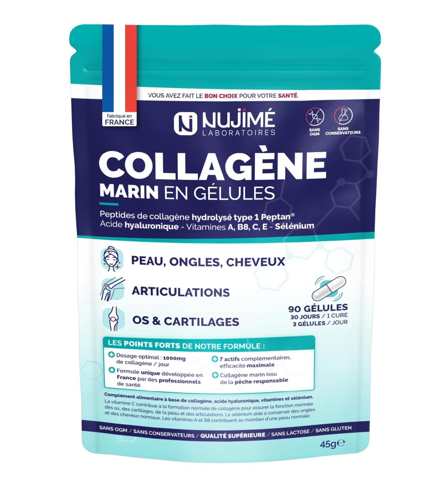 Collag ne Marin + Acide hyaluronique et Biotine | Peptides de Collag ne Hydrolys s Type 1 | Peau Cheveux Articulations | Fabriqu en France (90 G lules | 30 jours)