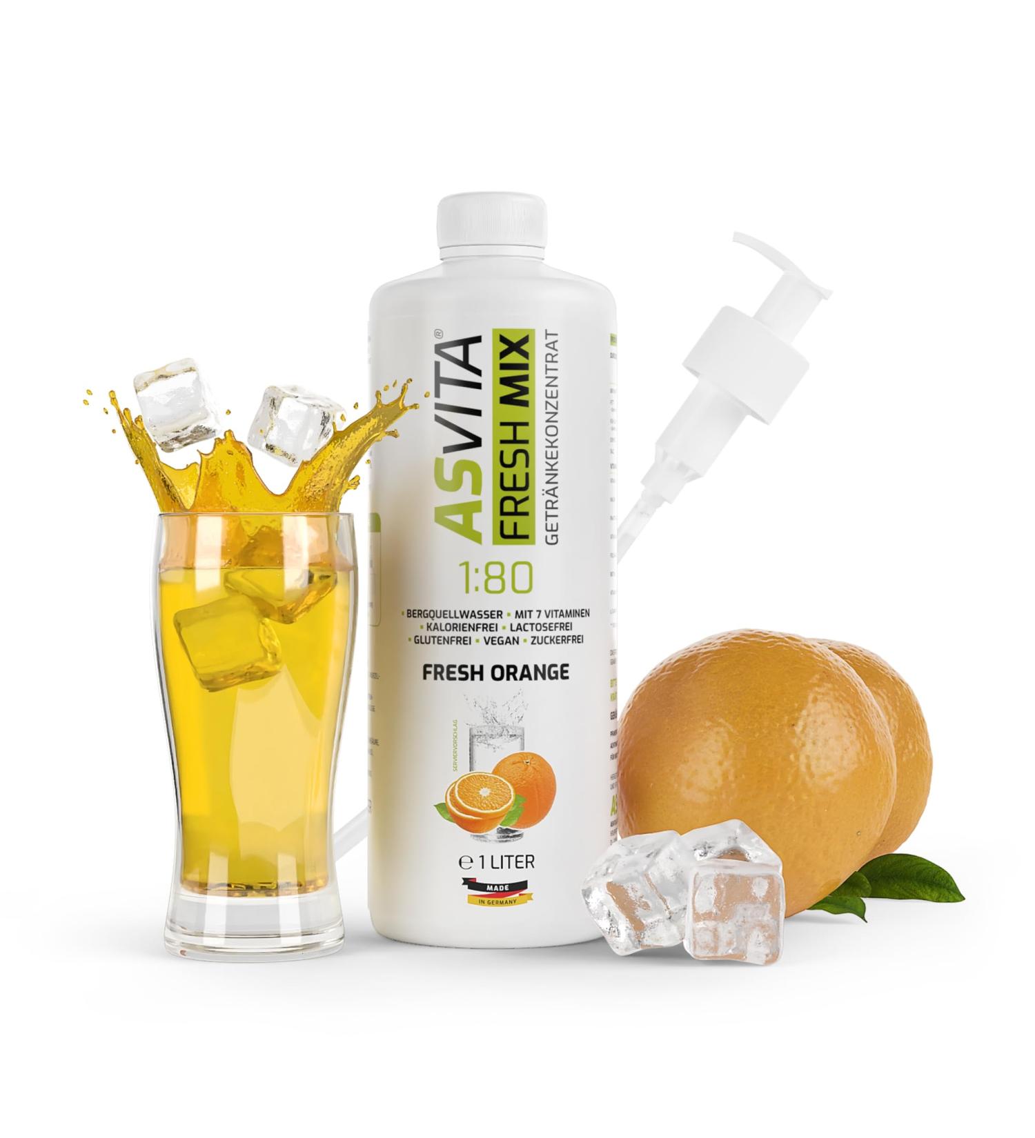 Asvita Beverage Concentrate Fresh Mix 1:80 - 1L Bottle with Dosing Pump | Sugar-Free Drink Syrup | 26 Delicious Flavors (Fresh Orange) - Order Now! - Buy Online on GoSupps.com