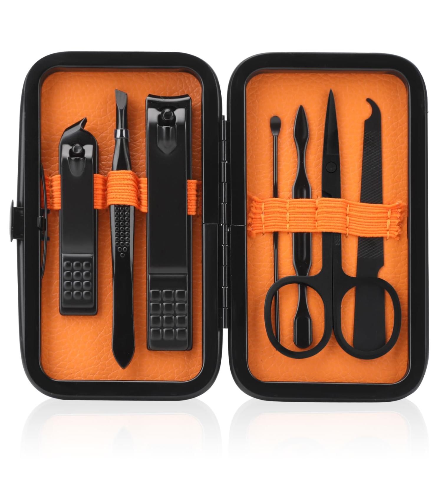 8PC Black-Orange Manicure Set for Men | Travel Nail Care Kit | Personal Care & Pedicure Tools | Perfect Gift for Family & Friends - Buy Online on GoSupps.com