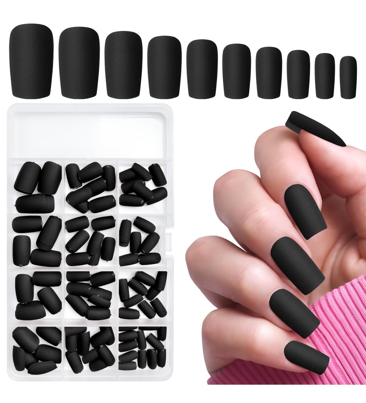 LuckForever 240pc Matte Black Square Press On Nails - Medium Glue On Acrylic Nail Set | Full Cover Artificial Fingernails with Adhesive Tabs - Buy Online on GoSupps.com