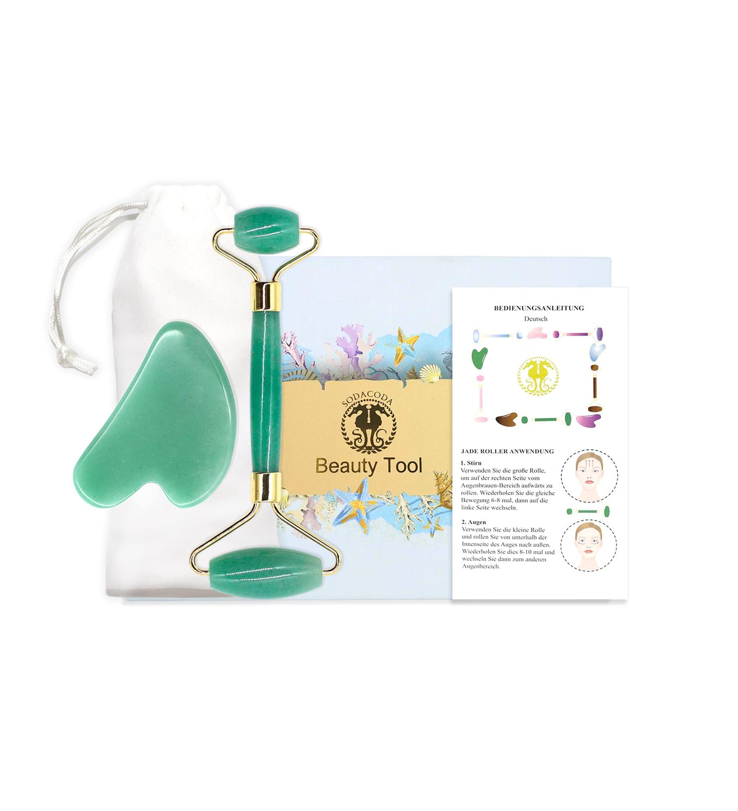 Sodacoda Gua Sha Set - Traditional Chinese Beauty Face Massage with Aventurine Halbedelstein Scraper and Roller - Buy Online on GoSupps.com