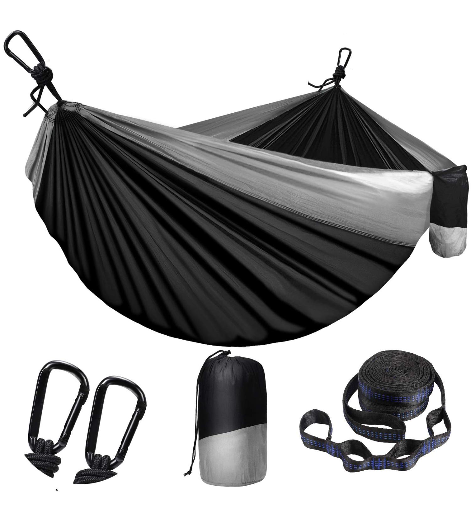 Portable Camping Hammock - Double & Single Lightweight Nylon Parachute Hammocks with Tree Straps in Black & Grey - Buy Online on GoSupps.com
