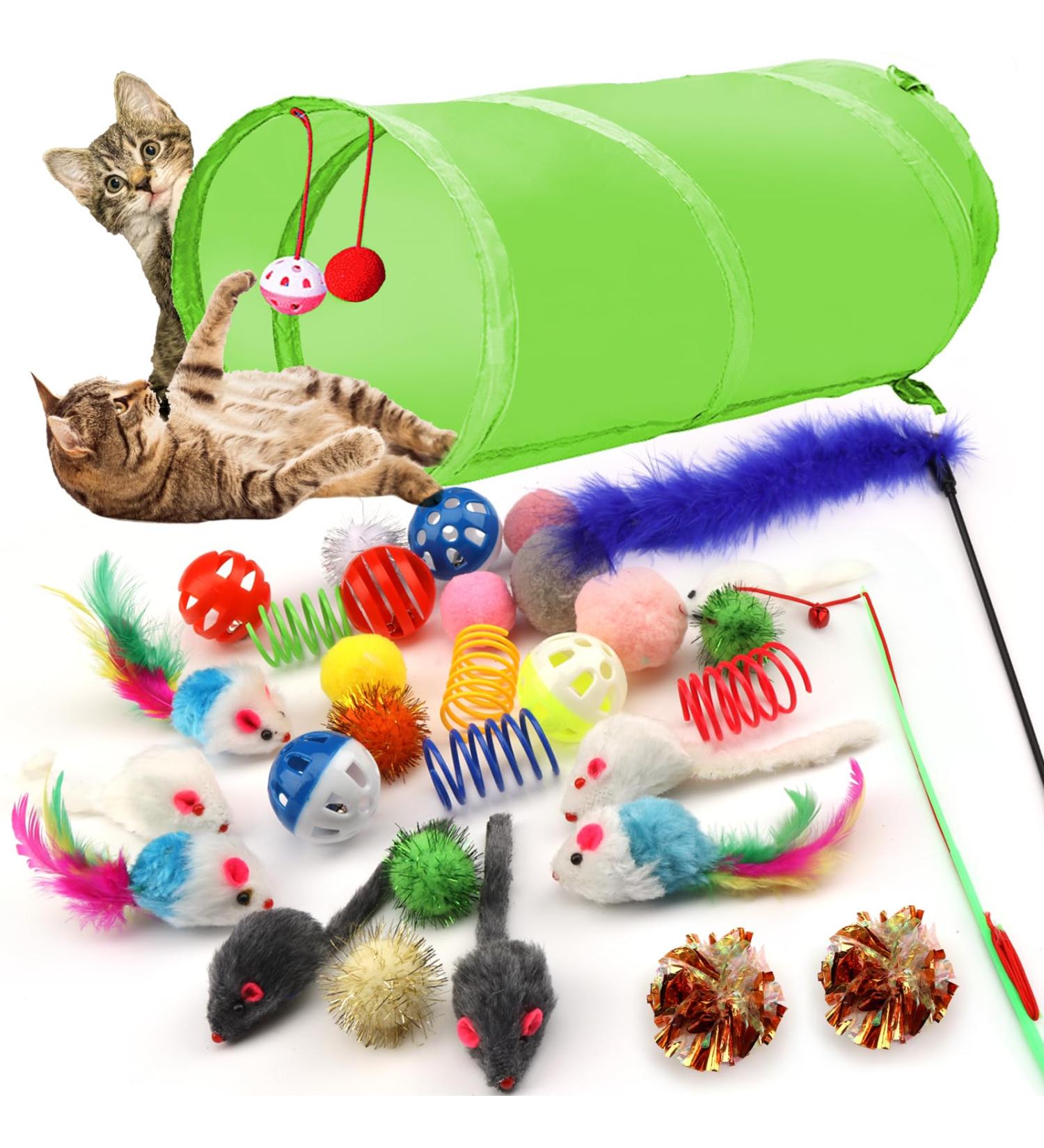 QUOZUO 31 pcs Cat Toys Variety Pack for Kitty 2 Way Tunnel Cat Feather Teaser Cat mouse Toy Cat Crinkle Balls Cat Balls with Bell Catnip Toys for Indoor Cats Kittens Toys - Buy Online on GoSupps.com