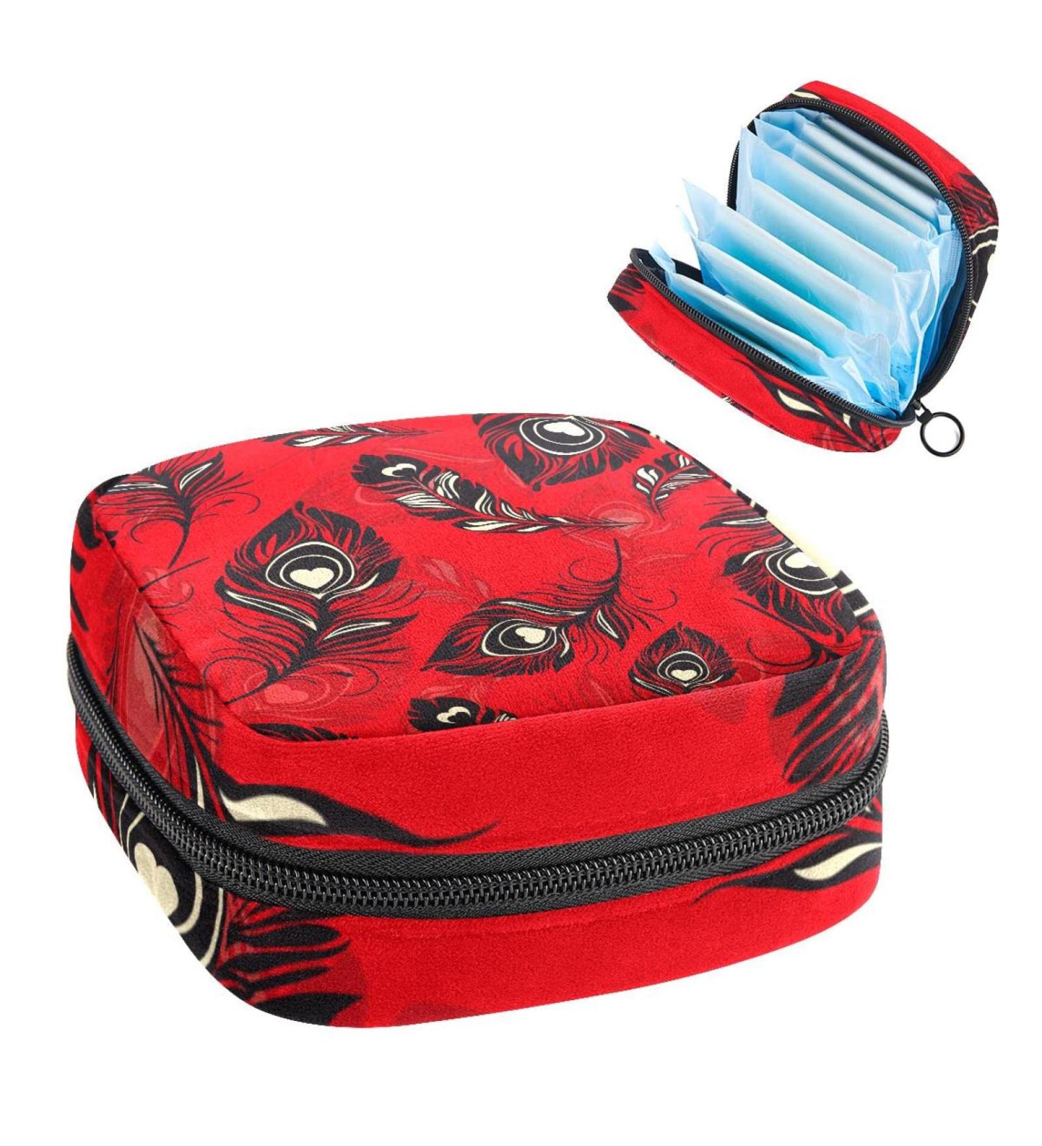Bohemian Feather Period Bag | Sanitary Napkin Storage & Travel Makeup Pouch | Red Background Color - Buy Online on GoSupps.com