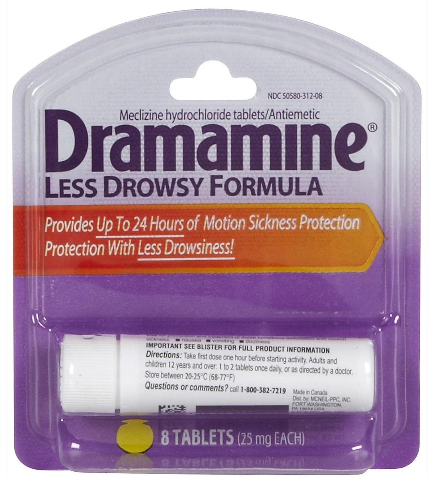 Dramamine Less Drowsy Formula 25mg Tablets - 8 ct | Motion Sickness Relief - Buy Online on GoSupps.com