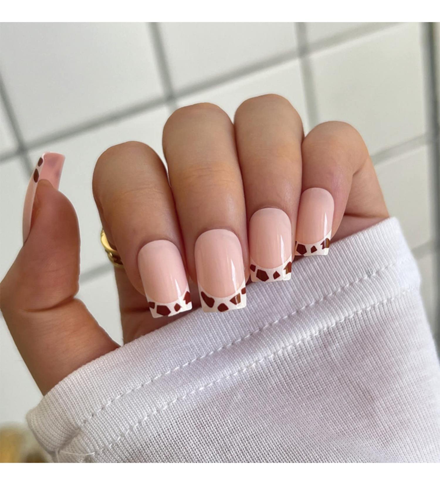 Justotry 24 Pcs Leopard Short False Nails - Pretty Pink French Press on Nails Square White Pattern with Nail Glue - Women's Squoval Fake Nails for Nail Art - Buy Online on GoSupps.com