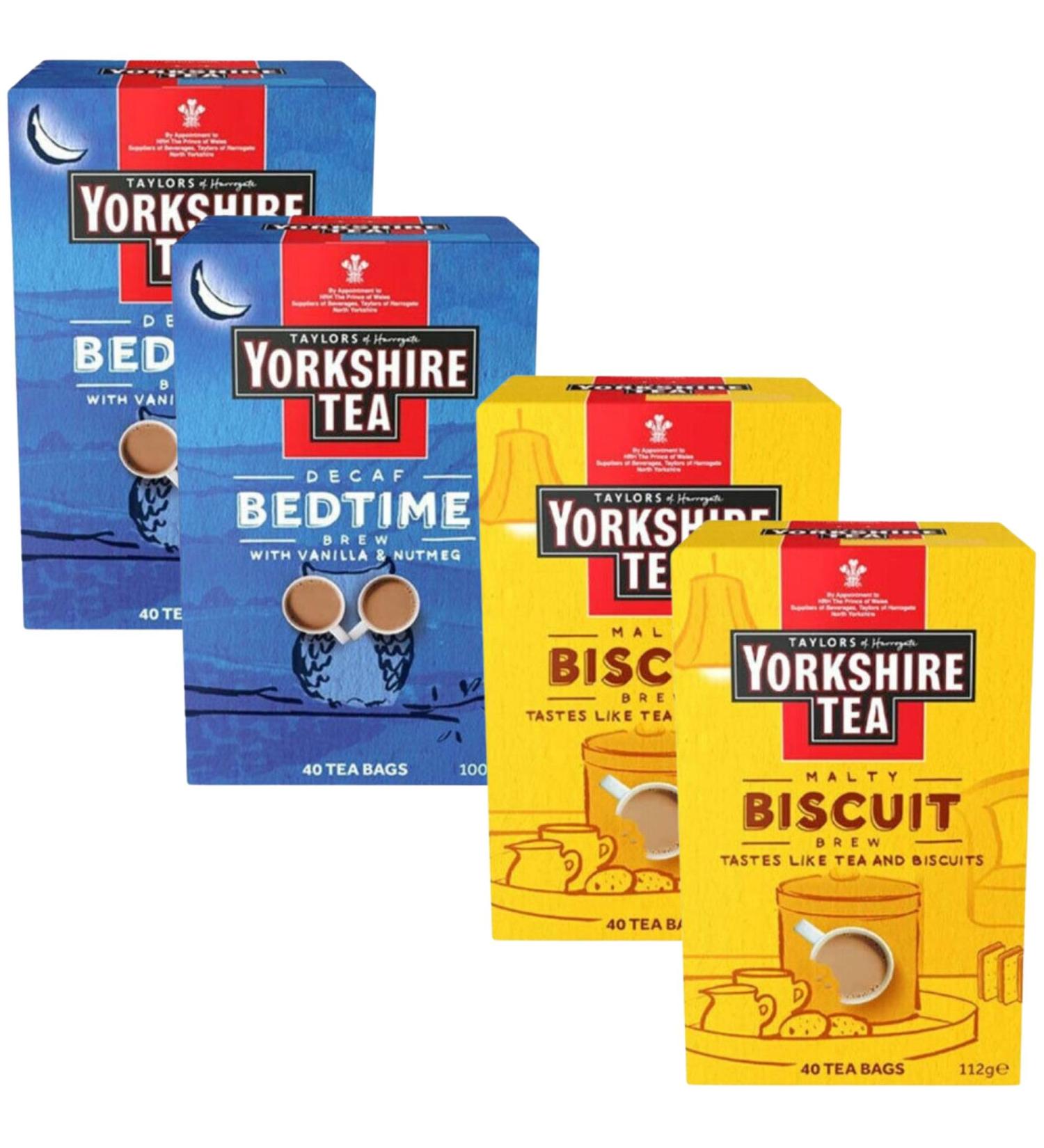 Tea Variety Bundle Containing Yorkshire Tea Decaf Bedtime Brew 40 Tea Bags 2pk Yorkshire Tea Malty Biscuit 40 Tea Bags 2pk (4 Pack) - Buy Online on GoSupps.com