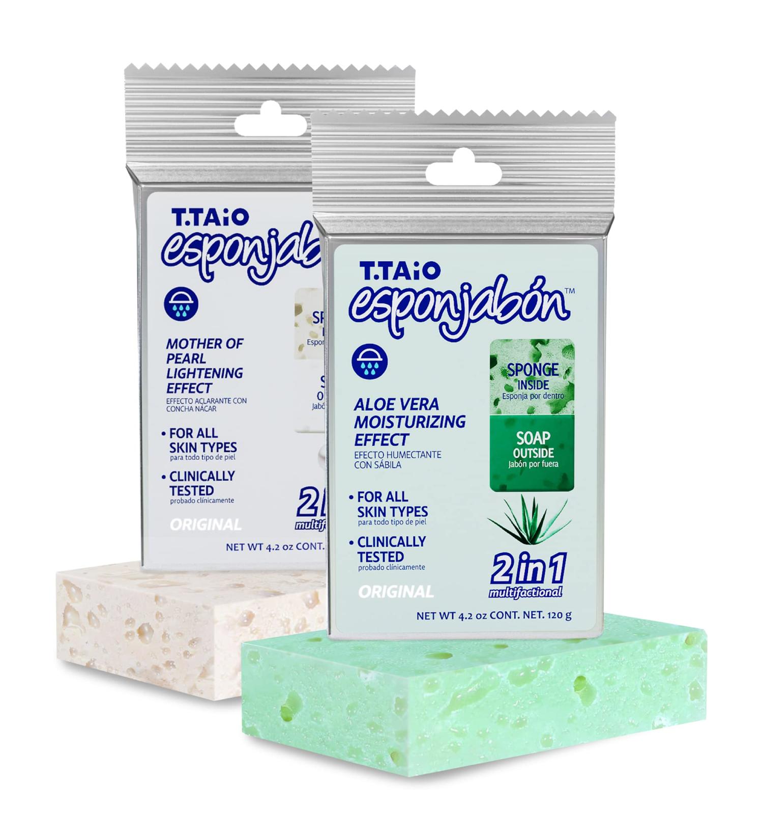 T.Taio Esponjabon Soap Sponge 2-Pack | Cleansing Shower Scrubber & Bath Wash Scrub for Foot Elbow & Face | Aloe Vera & Mother of Pearl | International Shipping Available - Buy Online on GoSupps.com