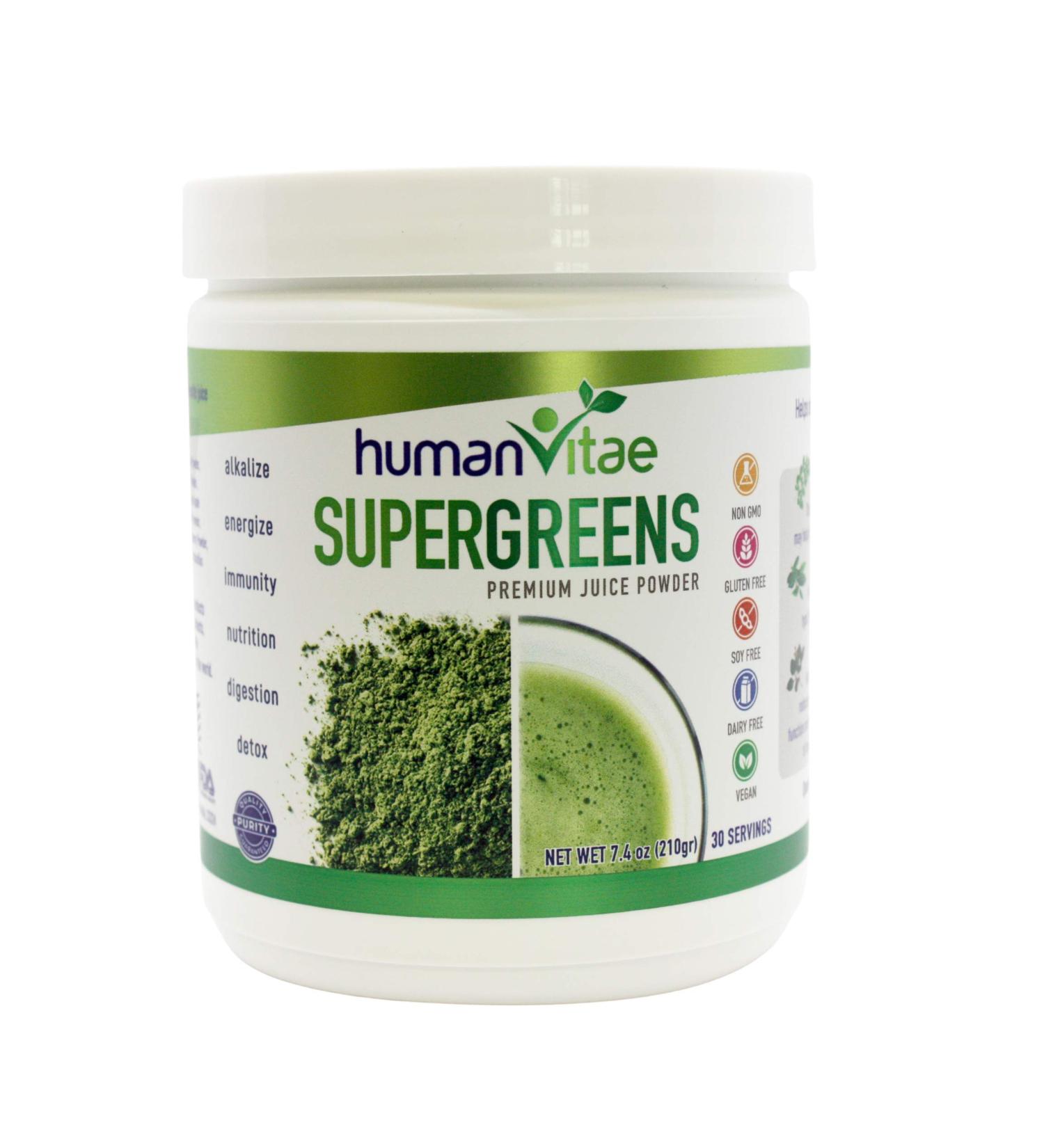 Human Vitae Super Greens Natural Juice Powder - Essential Supplements Mix (Moringa, Chlorella, Spirulina, Matcha Tea, Turmeric, Ashwagandha) - 30/60/90 Day Supply - Buy Online on GoSupps.com