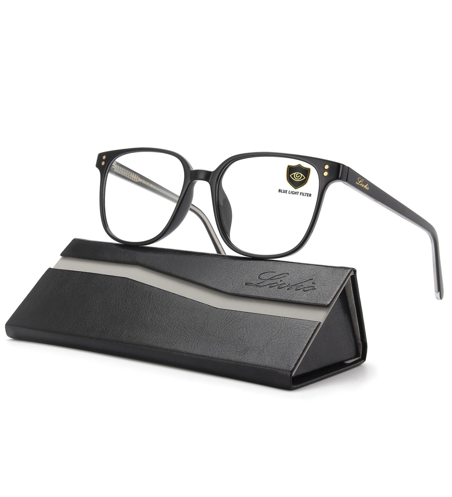 Livho Acetate Blue Light Blocking Glasses | Fashion Fake Eyeglass Frames for Women Men | Anti Blue Lens for Computer Gaming | Bright Black - Buy Online on GoSupps.com