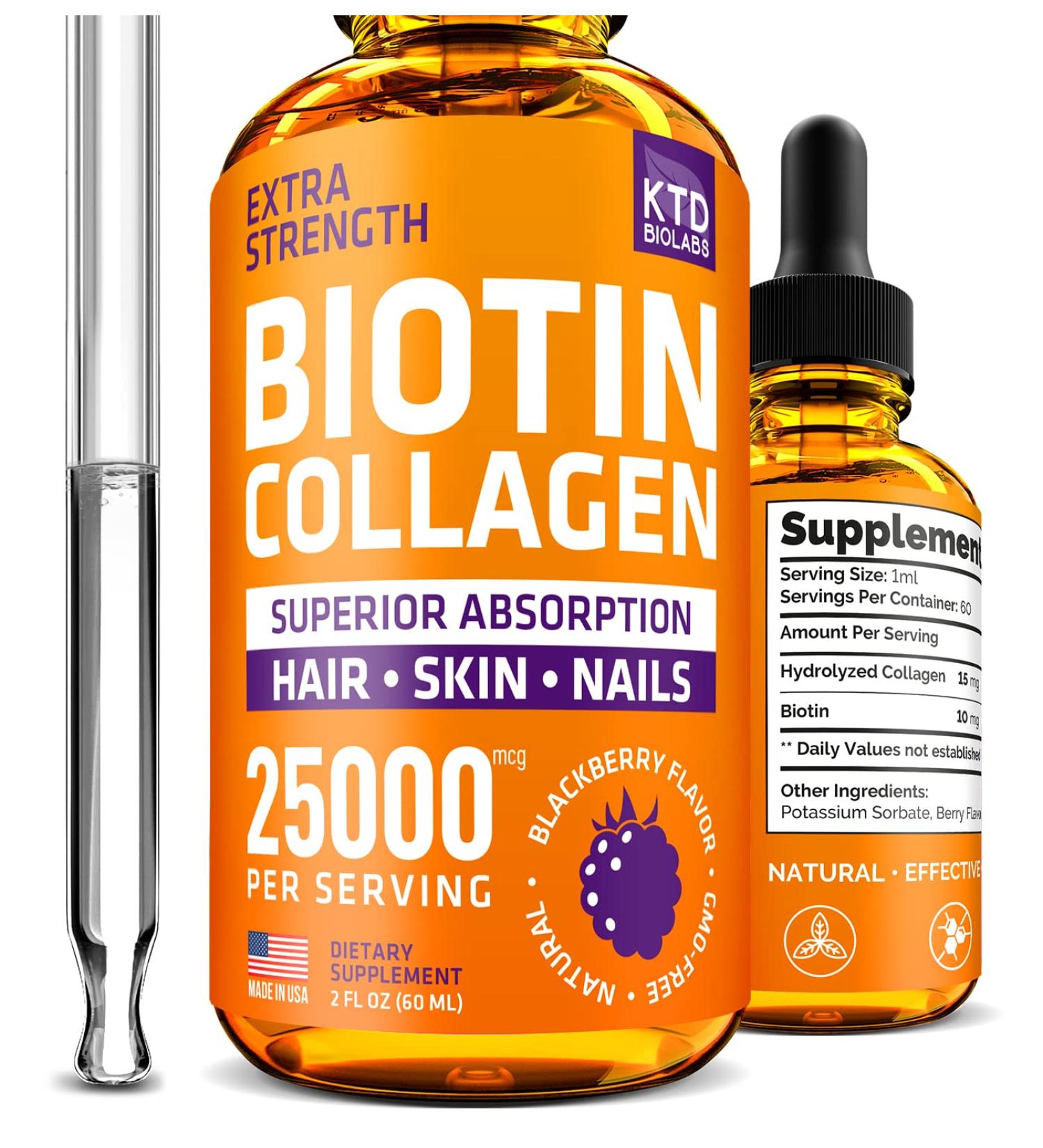KTD BIOLABS Liquid Collagen and Biotin Drops for Hair Growth 25,000 mcg - Made in USA | Collagen & Biotin Vitamins for Hair, Skin, and Nails | Hydrolyzed Supplement for Women and Men - Buy Online on GoSupps.com