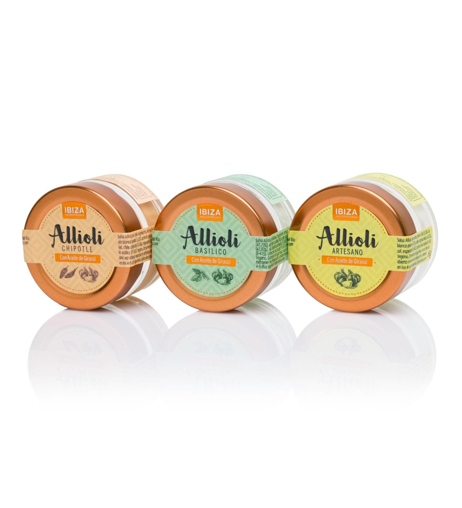 Aioli sauce. Pack of 3 Ali Oli sauces of 65g each. Ali Oli Chipotle + Ali Oli Artesano + Ali Oli Basilico. Gourmet pack. Gourmet sauces. Ibiza product. Perfect in your recipes. - Buy Online on GoSupps.com