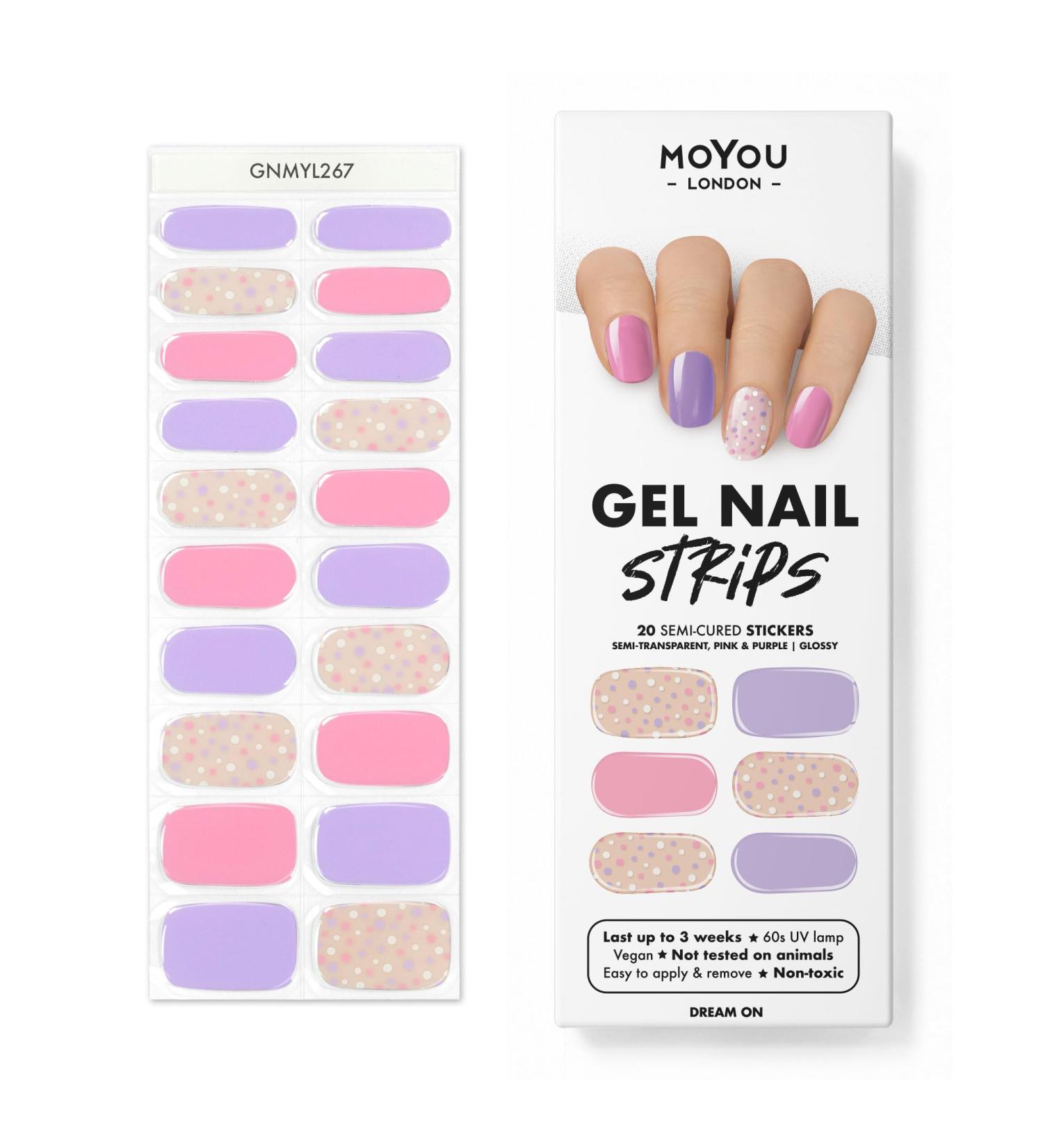 MOYOU LONDON Semi Cured Gel Nail Strips 20 Pc. Gel Wraps for Nails Get 1 Free UV Lamp when you Get 3 or More Easy Apply & Remove for Salon-Quality Manicure -Dream On