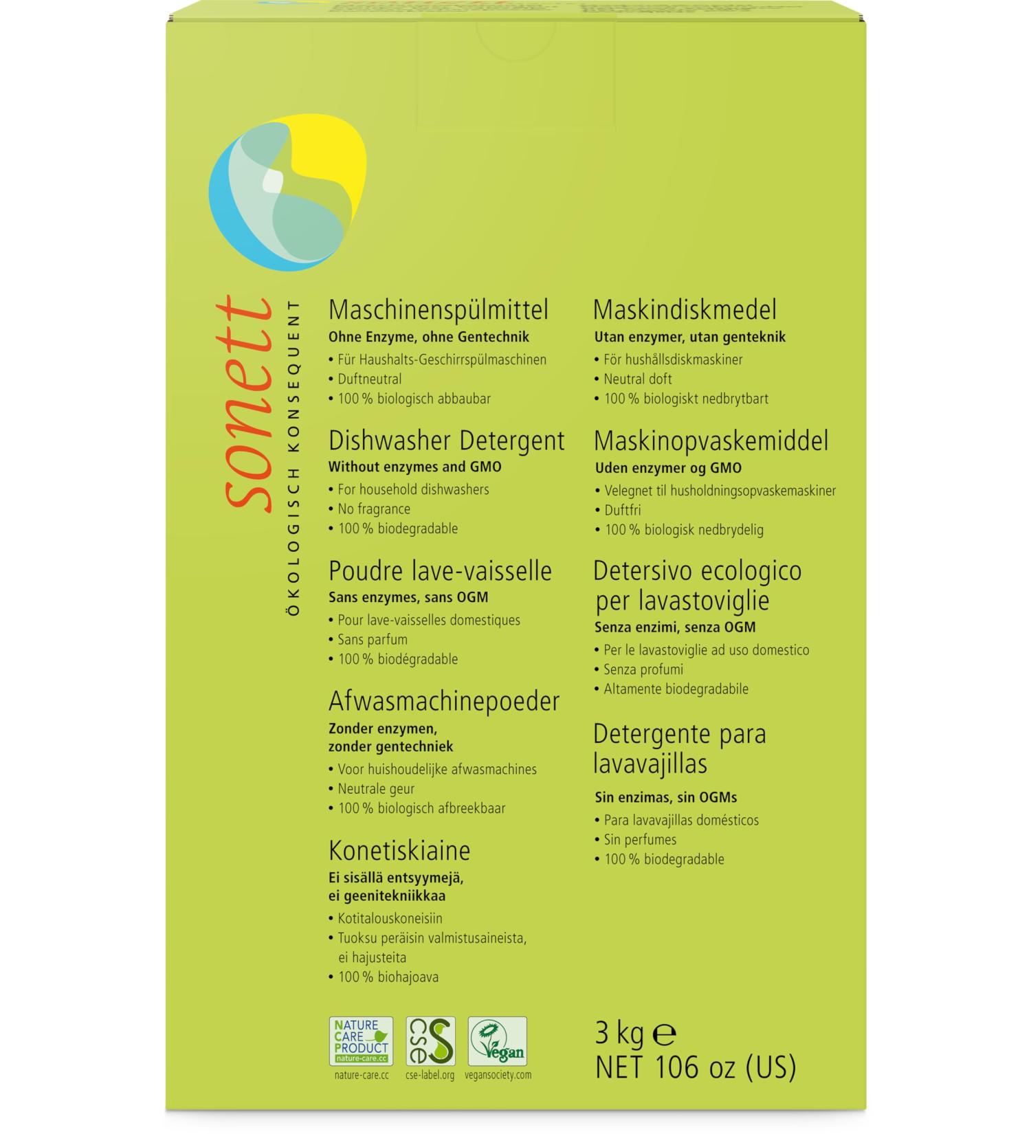 Sonett Organic Dishwasher Detergent (2 x 3 kg) Fragrance-neutral 6 kg (1 pack)