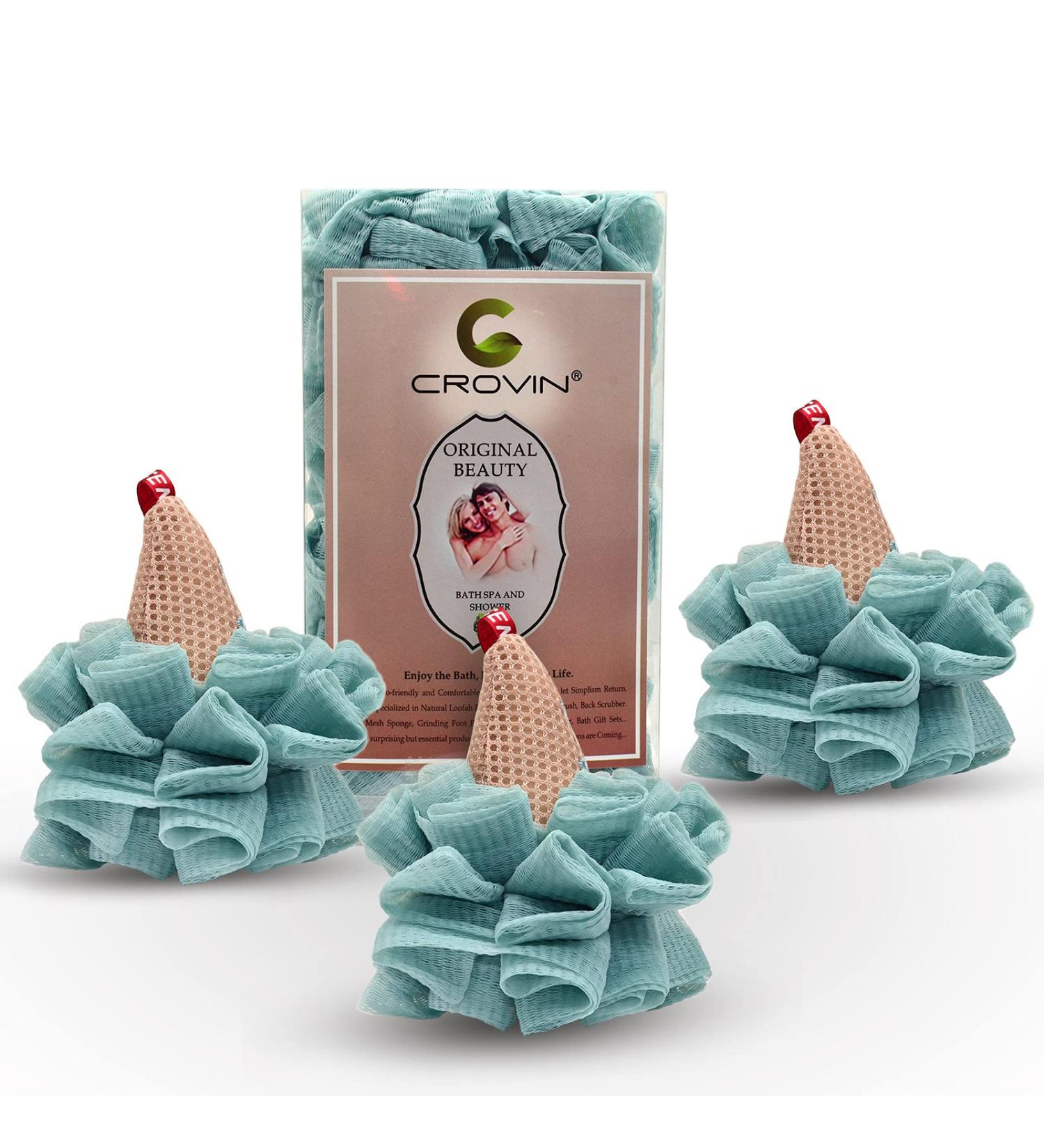 CROVIN Ice Cream Shower Pouf Mesh Ball Bath Loofah Sponge - Blue 4 Packs | Exfoliating Body Scrubber for Men and Children - Buy Online on GoSupps.com