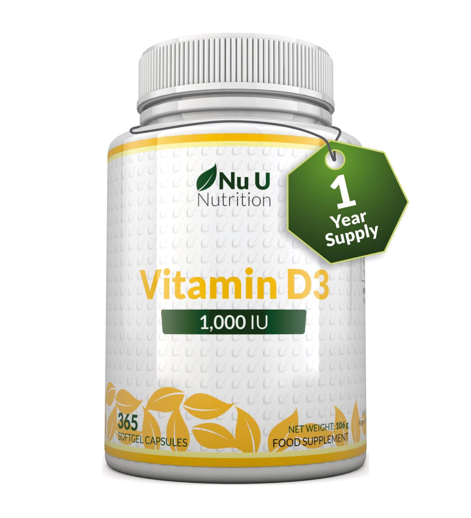 Vitamin D3 1000IU Softgels - 1 Year Supply - High Absorption Cholecalciferol Capsules by Nu U Nutrition - Buy Online on GoSupps.com