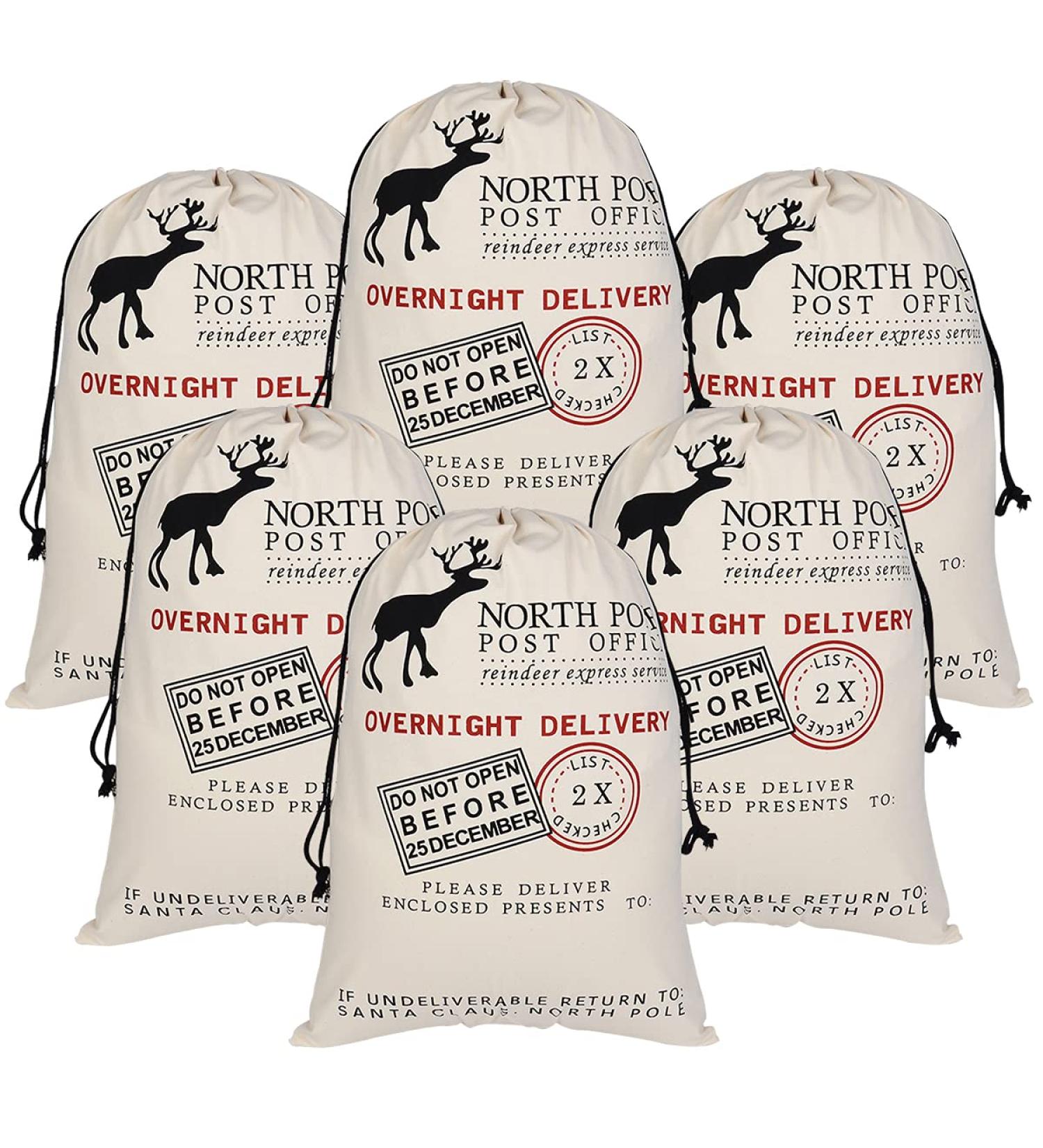 6 Pack Large Christmas Santa Sacks - Xmas Canvas Cotton Stockings with Drawstrings | Pattern 6 - 19.5 X 27.5 | Festive Holiday Gift Bag Set - Buy Online on GoSupps.com
