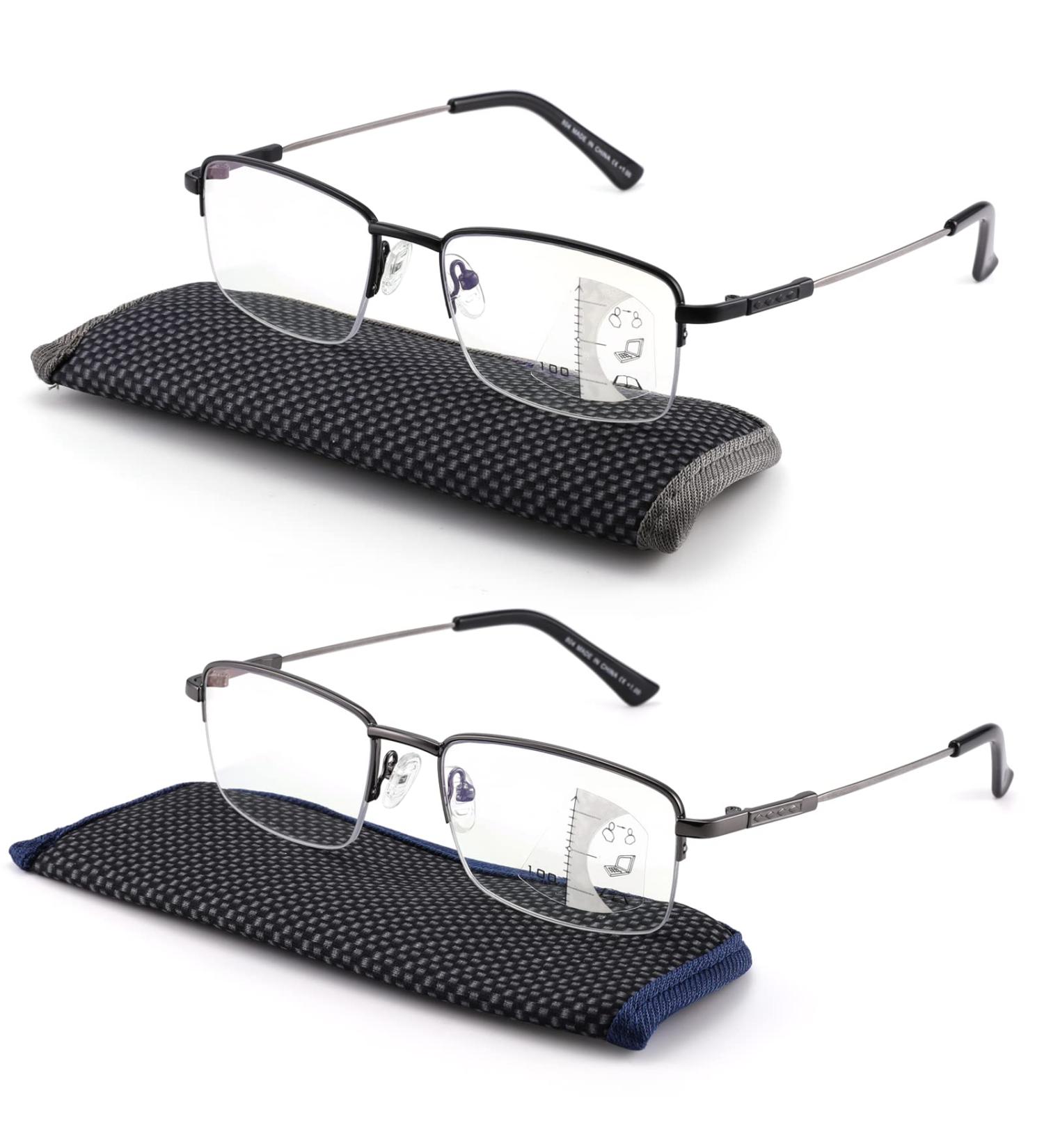 Buy Progressive Multifocus Reading Glasses - Blue Light Blocking Trifocal Readers for Men & Women - Lightweight Titanium Alloy Half Metal Frame (2 Pack: Black & Gun 2.00 - Buy Online on GoSupps.com