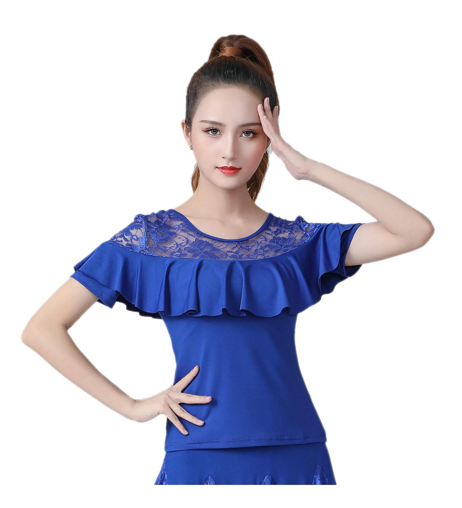 Whitewed Short Sleeve Lace Yoke Ruffle Latin Modern Ballroom Dance Practice Perfonmance Tops Shirts 4-6 Blue