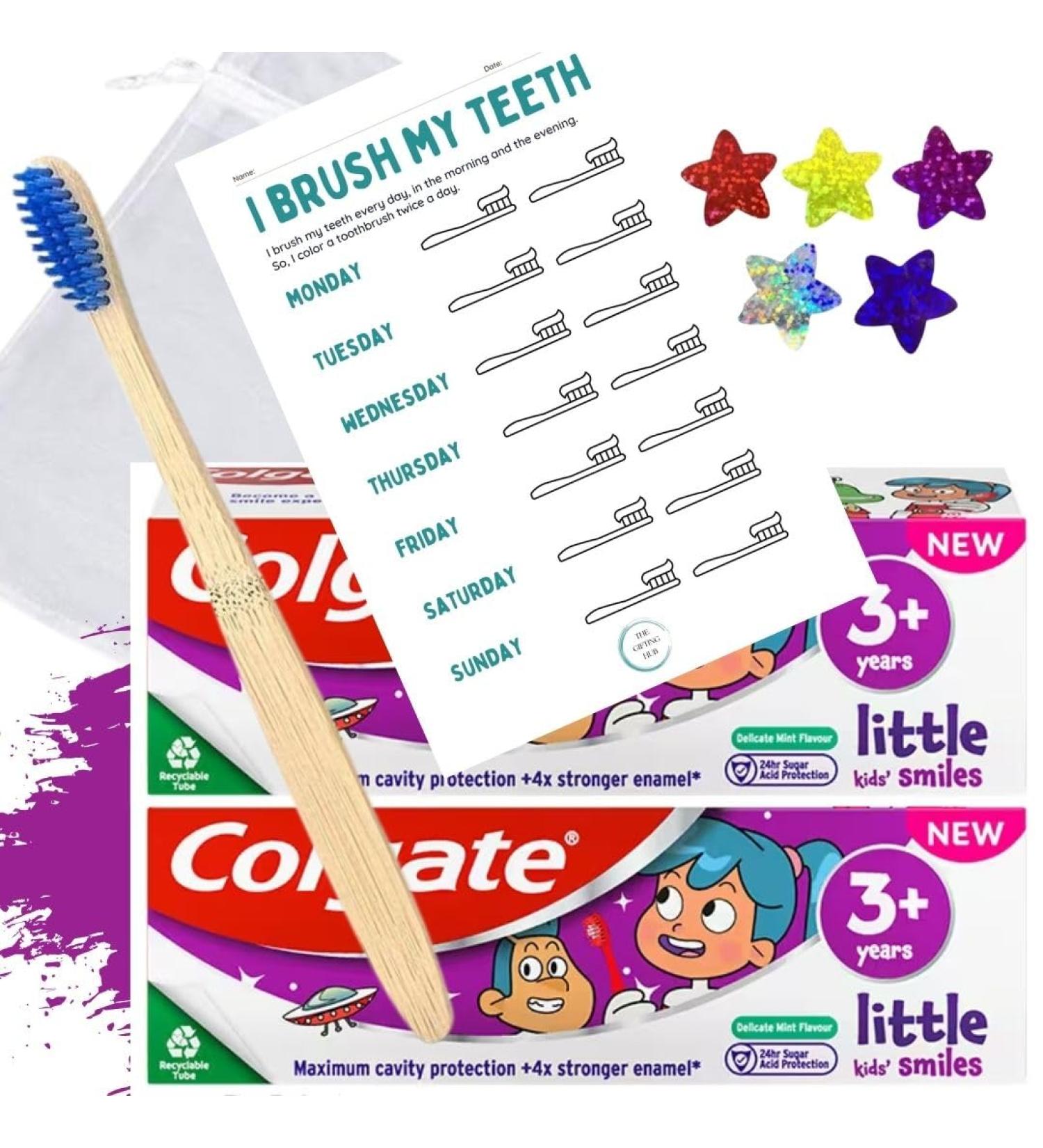 Gift Pack of Kids (3+ yrs) 50ml Toothpastes x 2 with 100% Biodegradable Toothbrush Children's Colouring Teeth Chart and Star Stickers in Gift Bag - Buy Online on GoSupps.com