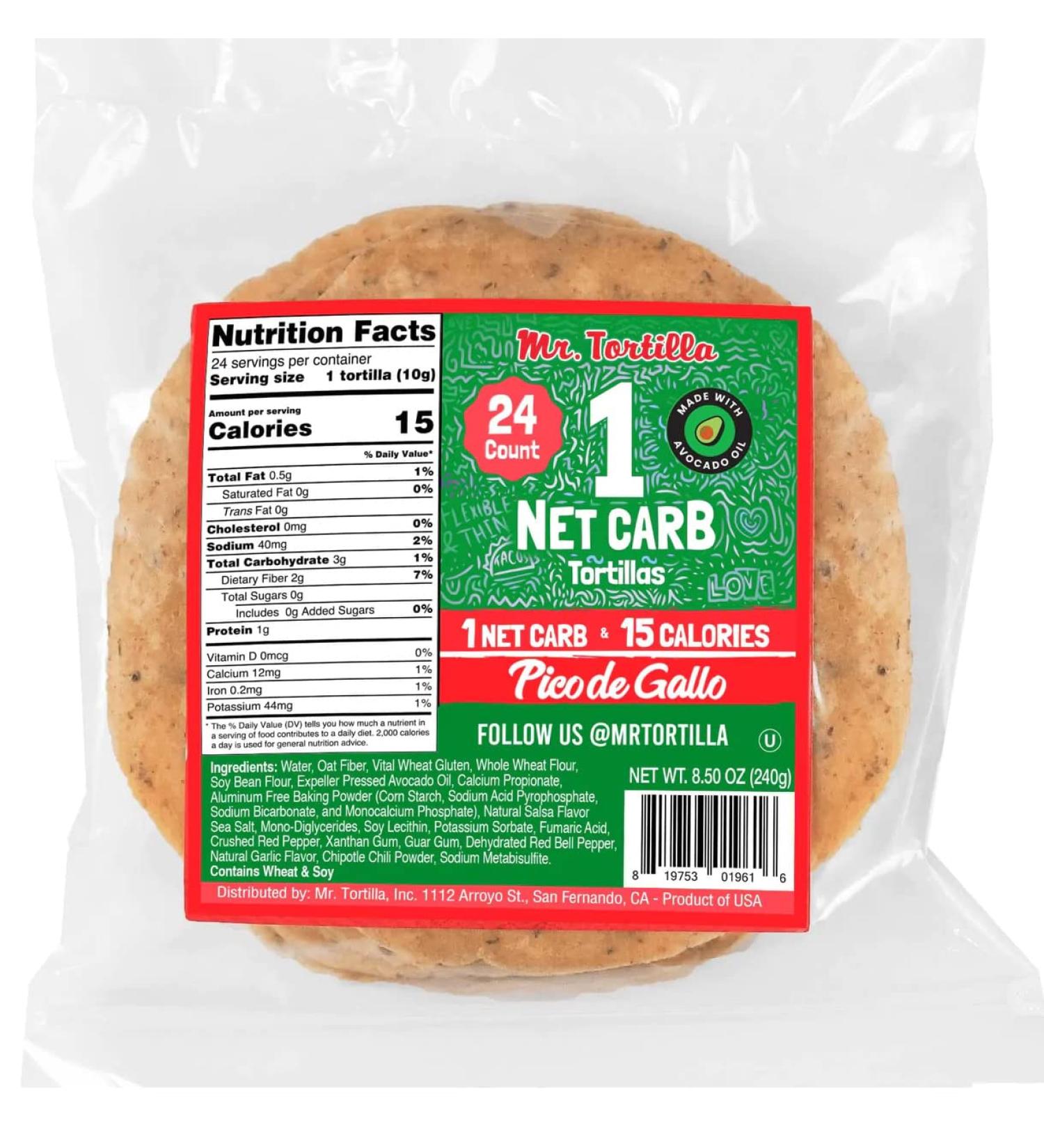 Mr. Tortilla - Low Carb 15 Calorie Keto Soft Taco Shells - Vegan Wraps for Quesadillas & Tostadas - Pico de Gallo Flavor - 24 Count - Buy Online on GoSupps.com