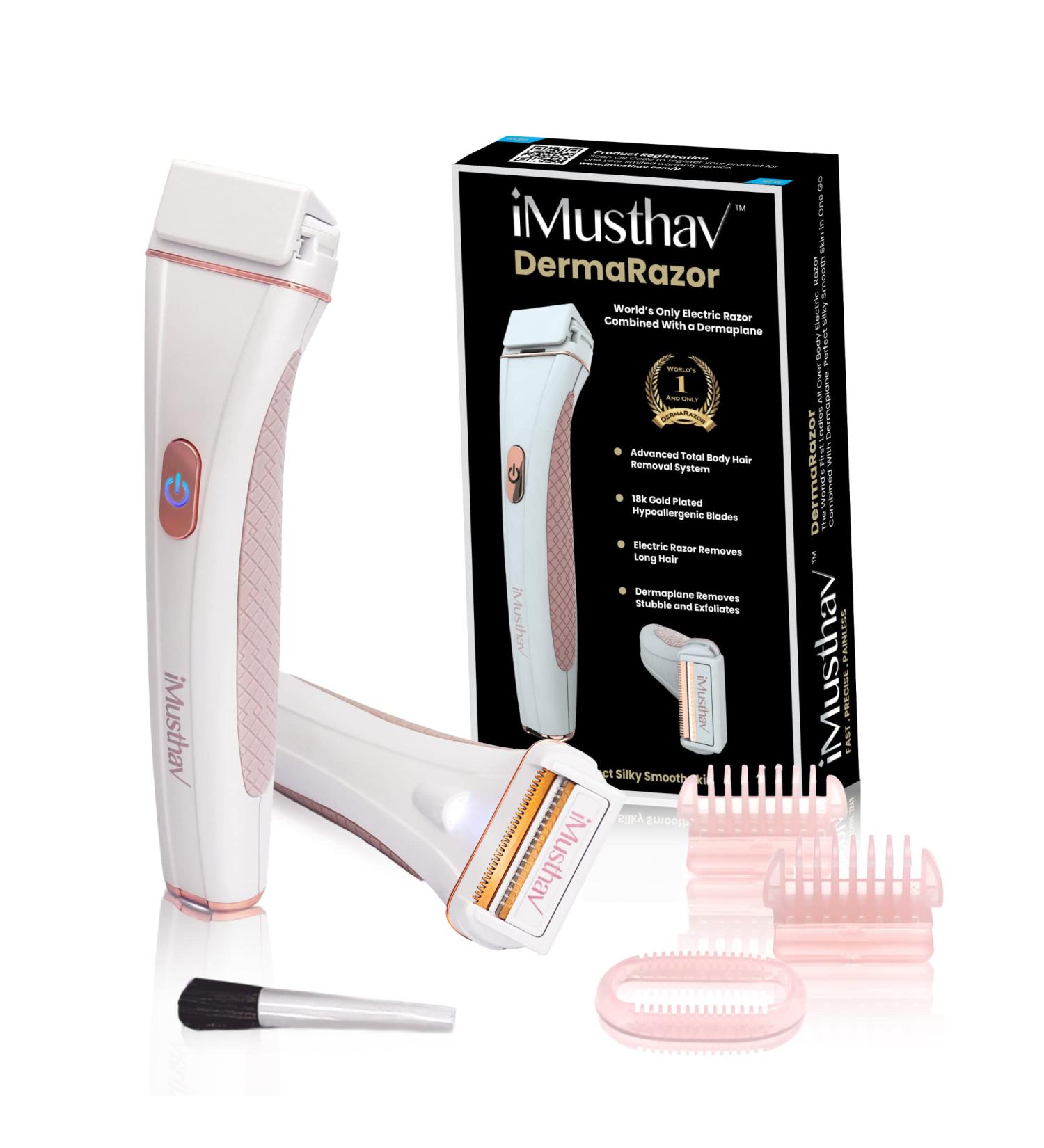 iMusthav DermaRazor - Electric Body Hair Remover for Women | USB Rechargeable 18K Gold Plated Blade | Dermaplane for Smooth Skin | Exfoliates & Removes Unwanted Hair Stubble - Buy Online on GoSupps.com