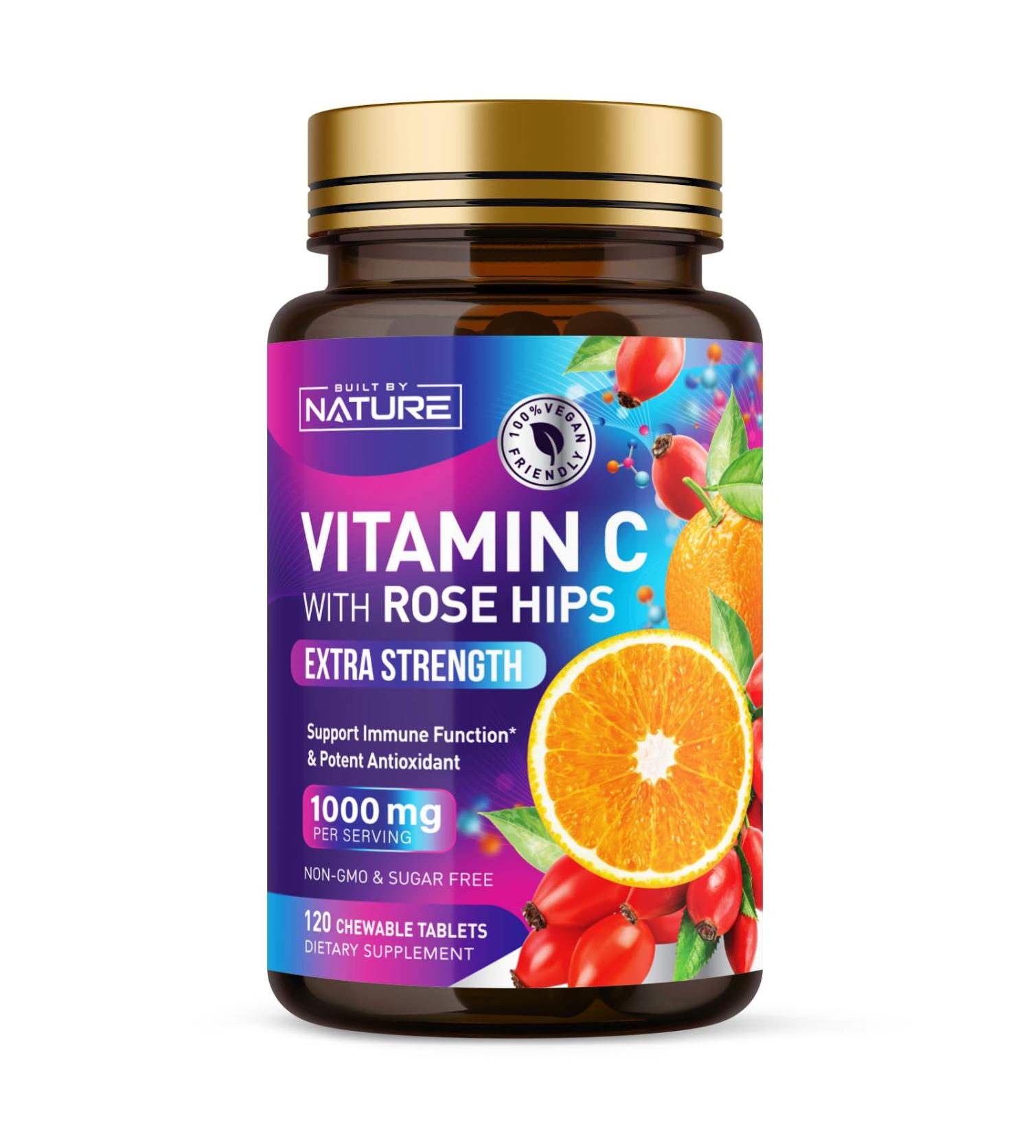 Built by Nature Chewable Vitamin C with Rose HIPS - 1000mg Immune Support Supplement - Non-GMO Gluten-Free Vegan - Powerful Antioxidant for Energy & Collagen Boost - Orange Flavor 120 Tablets 120 Count (Pack of 1) - Buy Online on GoSupps.com