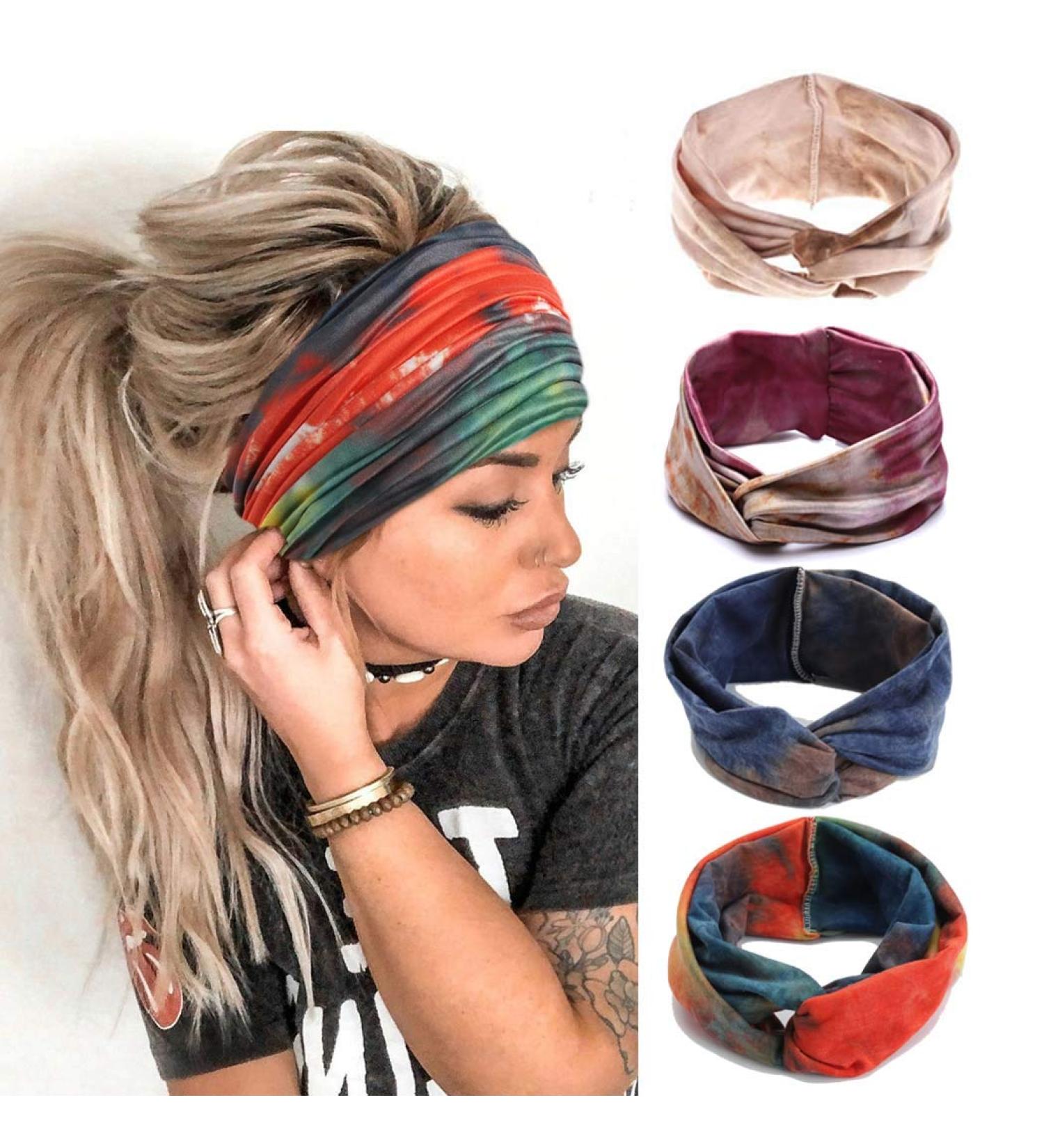 Gortin Boho Tie Dye Headbands for Women and Girls - 4 Pcs Set | Criss Cross Hair Bands, Stretch Yoga Sweatband, Turban Twist Head Wraps - Buy Online on GoSupps.com