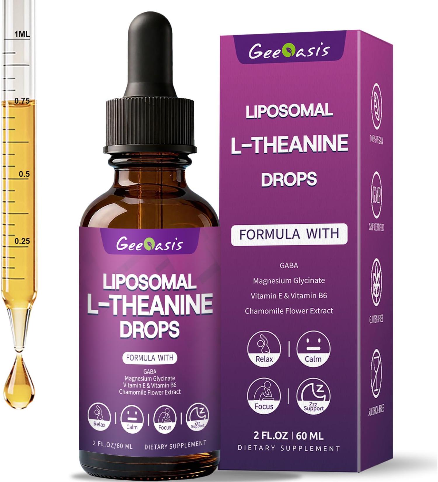 Liposomal L-Theanine with GABA Liquid Drops Theanine 400 mg Supplement for Kids & Adults with Magnesium Glycinate Chamomile Flower Vitamin E & B6 Stress Relief zzZ & Relaxation Support 2 FL OZ - Buy Online on GoSupps.com