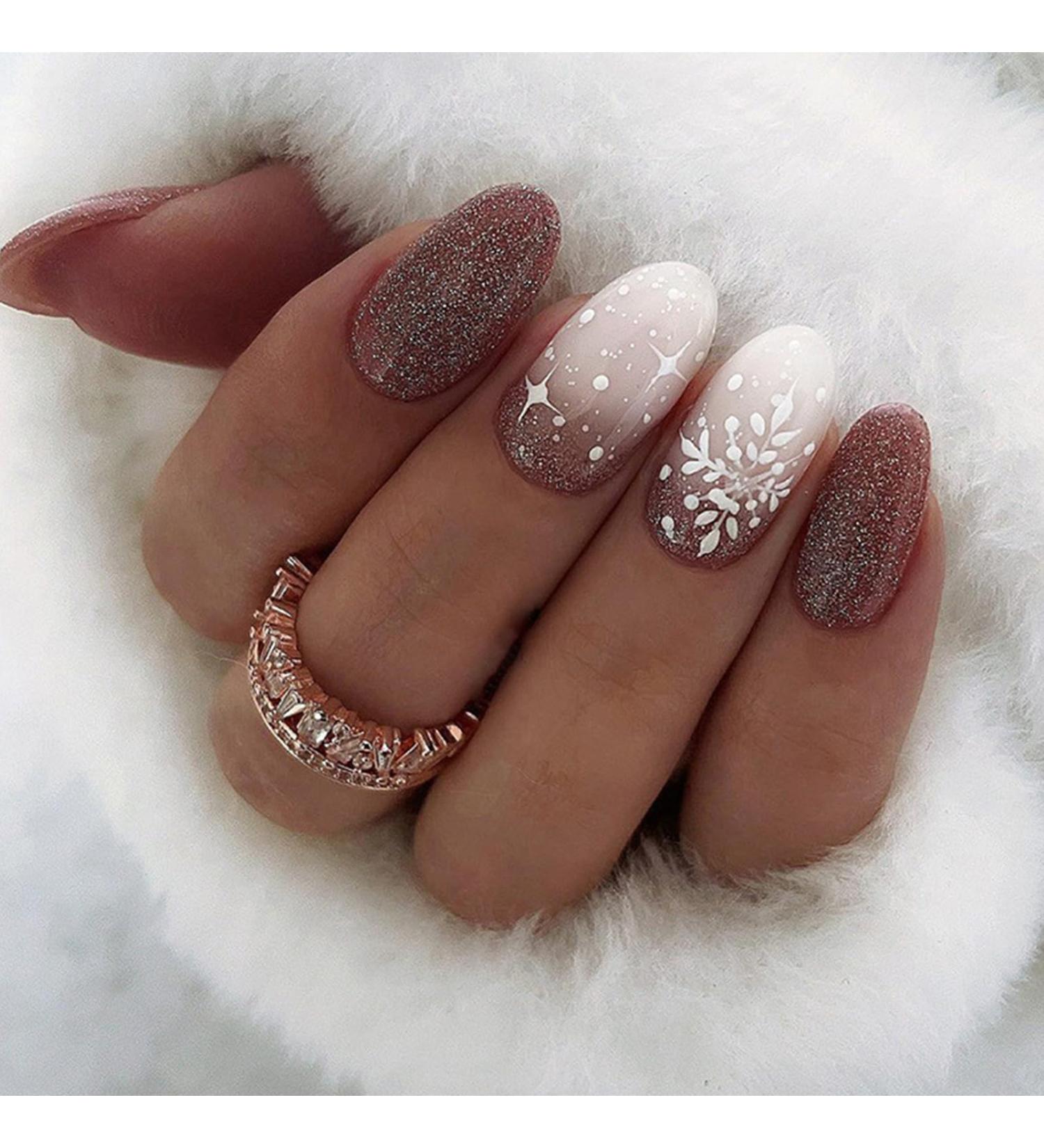 24 PCS Christmas Almond False Nails - French White Snowflakes Press On Acrylic Full Cover Fingernails for Women & Girls - Buy Online on GoSupps.com