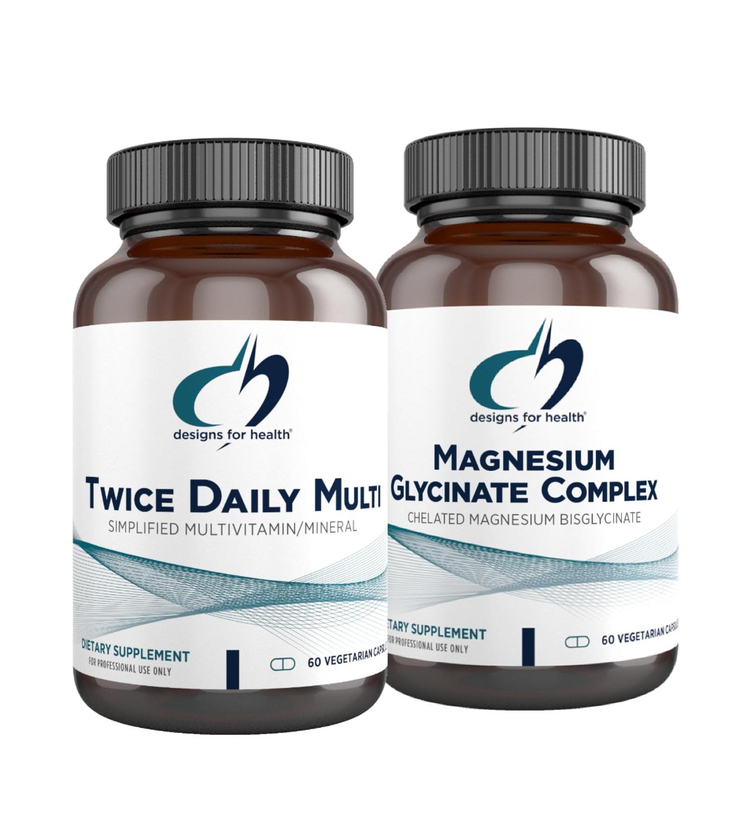 Designs for Health Magnesium Glycinate Complex (60 Capsules) & Twice Daily Multi (60 Capsules) Bundle - Premium Multivitamin with Folate & High Absorption Magnesium Supplement - Buy Online on GoSupps.com