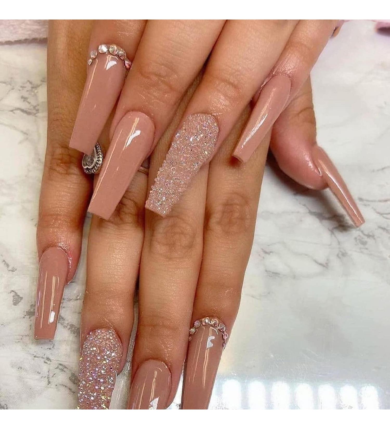 BABALAL Long Coffin Glossy Press on Nails - Nude Shiny False Nails for Women/Girls - Buy Online on GoSupps.com