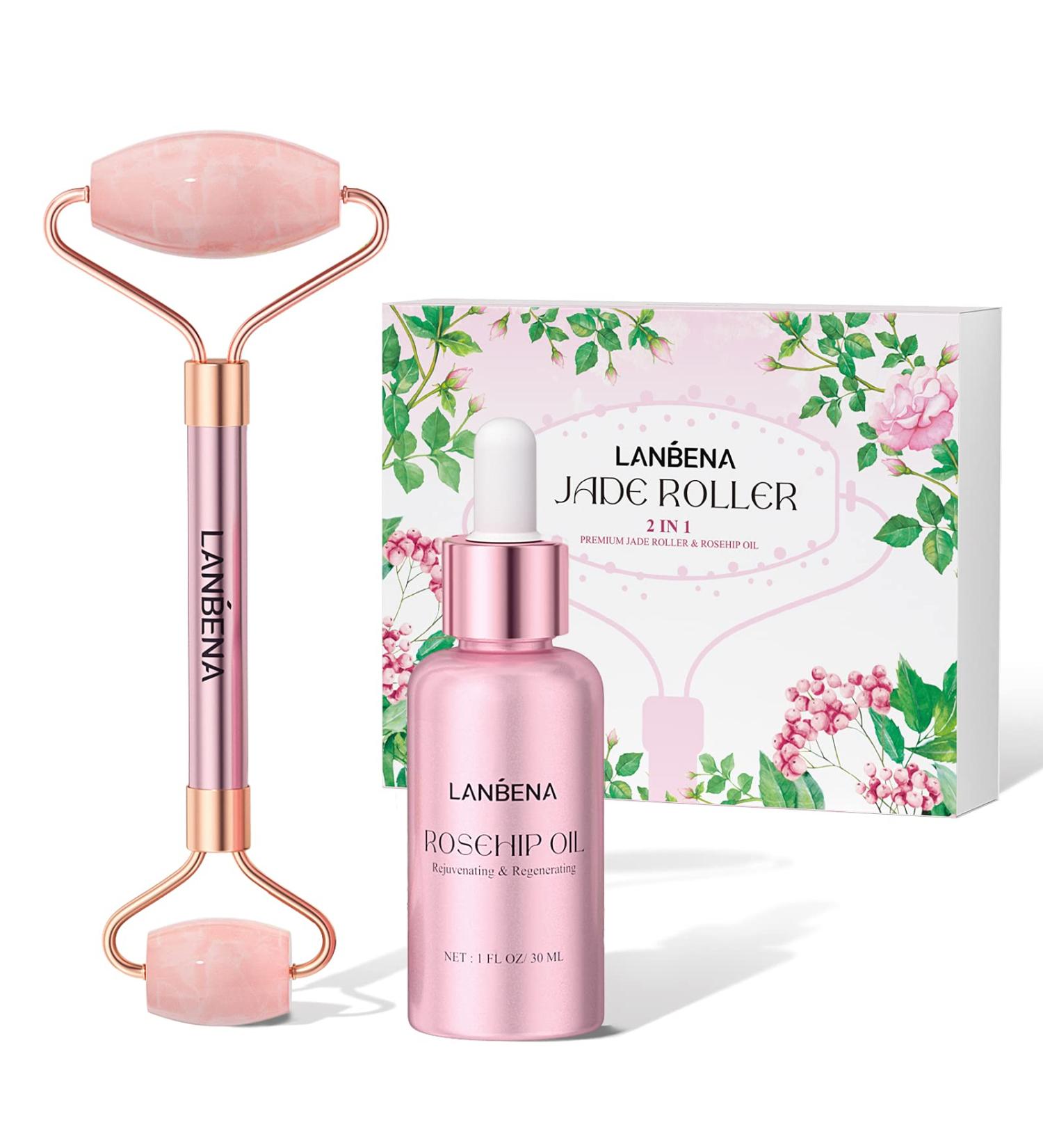LANBENA 2 in 1 Jade Roller & Rosehip Oil Set for Face, Eye, Neck - Natural Rose Quartz Jade Roller Massager with Pure Rosehip Seed Oil for Wrinkle & Dark Circle Reduction - Buy Online on GoSupps.com