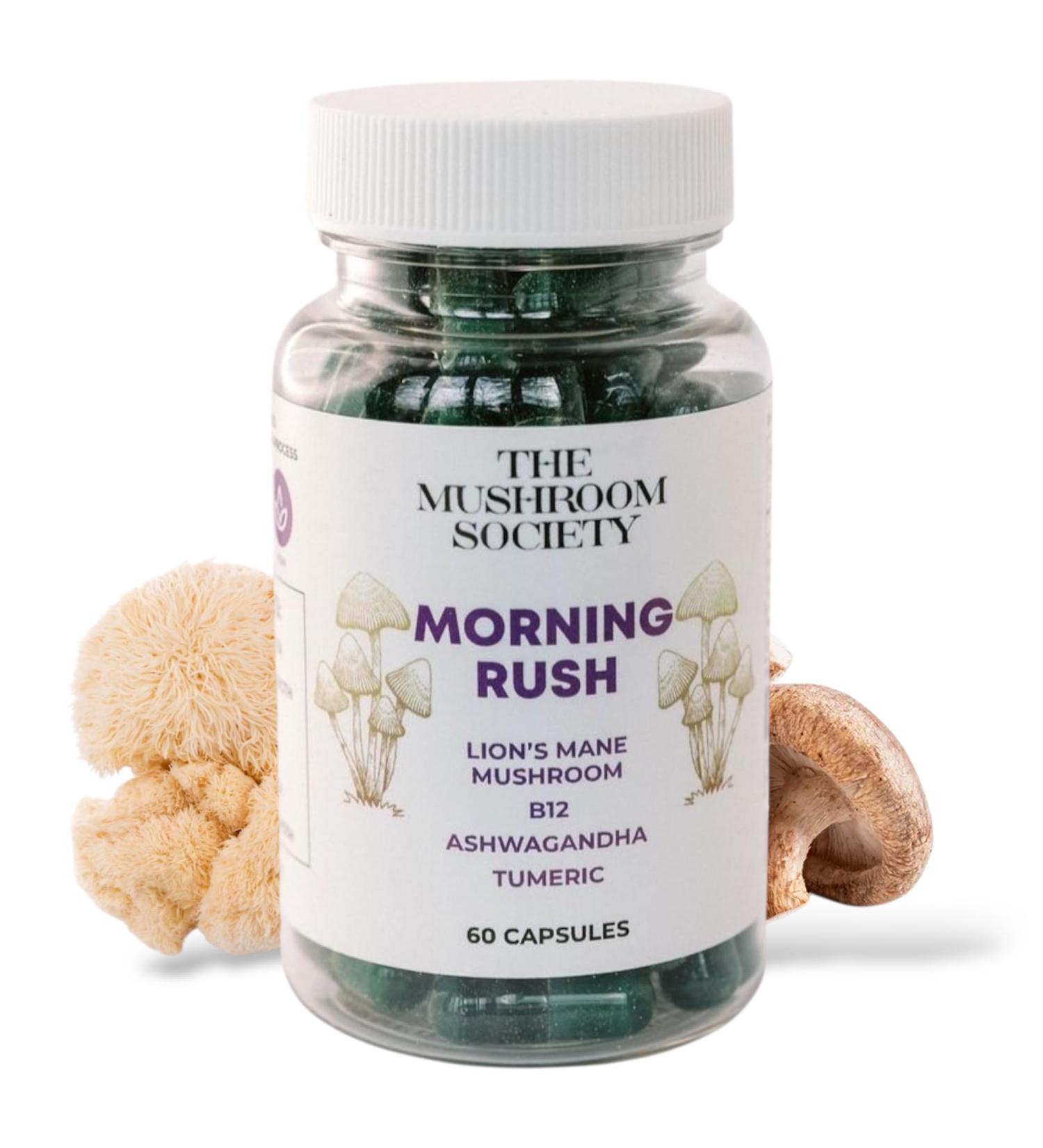 Morning Rush - Lion s Mane Ashwagandha Turmeric & B12 Extract Blend Supplement - Focus & Energy Support - 60 Vegan Capsules 60 Capsules Morning Rush - Buy Online on GoSupps.com