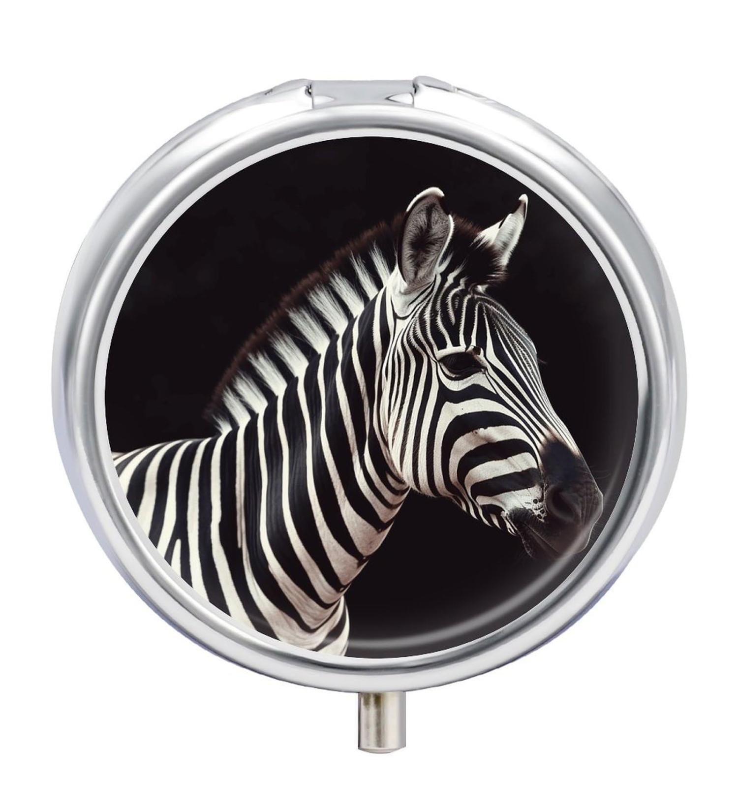 Zebra Print Round Pill Box - 3 Compartment Decorative Metal Organizer for Travel | Portable Animal Design - Buy Online on GoSupps.com