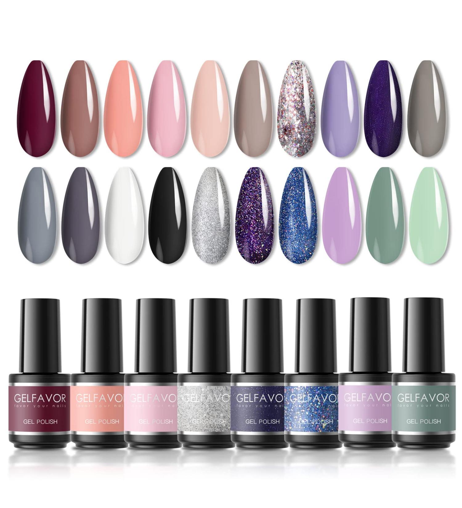 GELFAVOR 24Pcs Gel Nail Polish Set - Long Lasting Glitter in Black, White, Nude, Gray, Pink, Purple, Mint Green & More - Soak Off Manicure Set - Buy Online on GoSupps.com