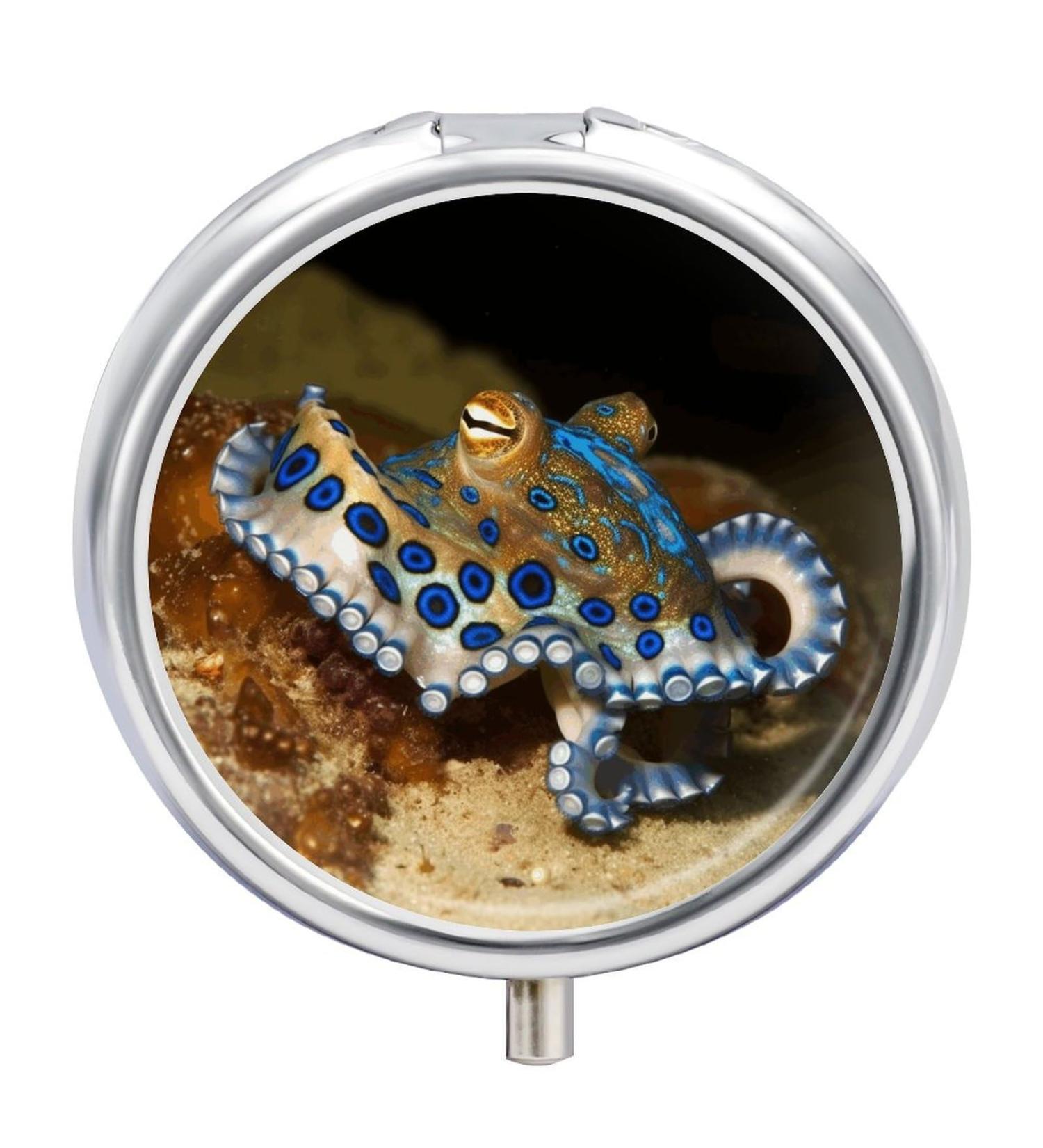 Blue Ring Octopus Print Round Pill Box - 3 Compartment Portable Metal Organizer | Decorative Pocket Pill Case for Travel - Buy Online on GoSupps.com