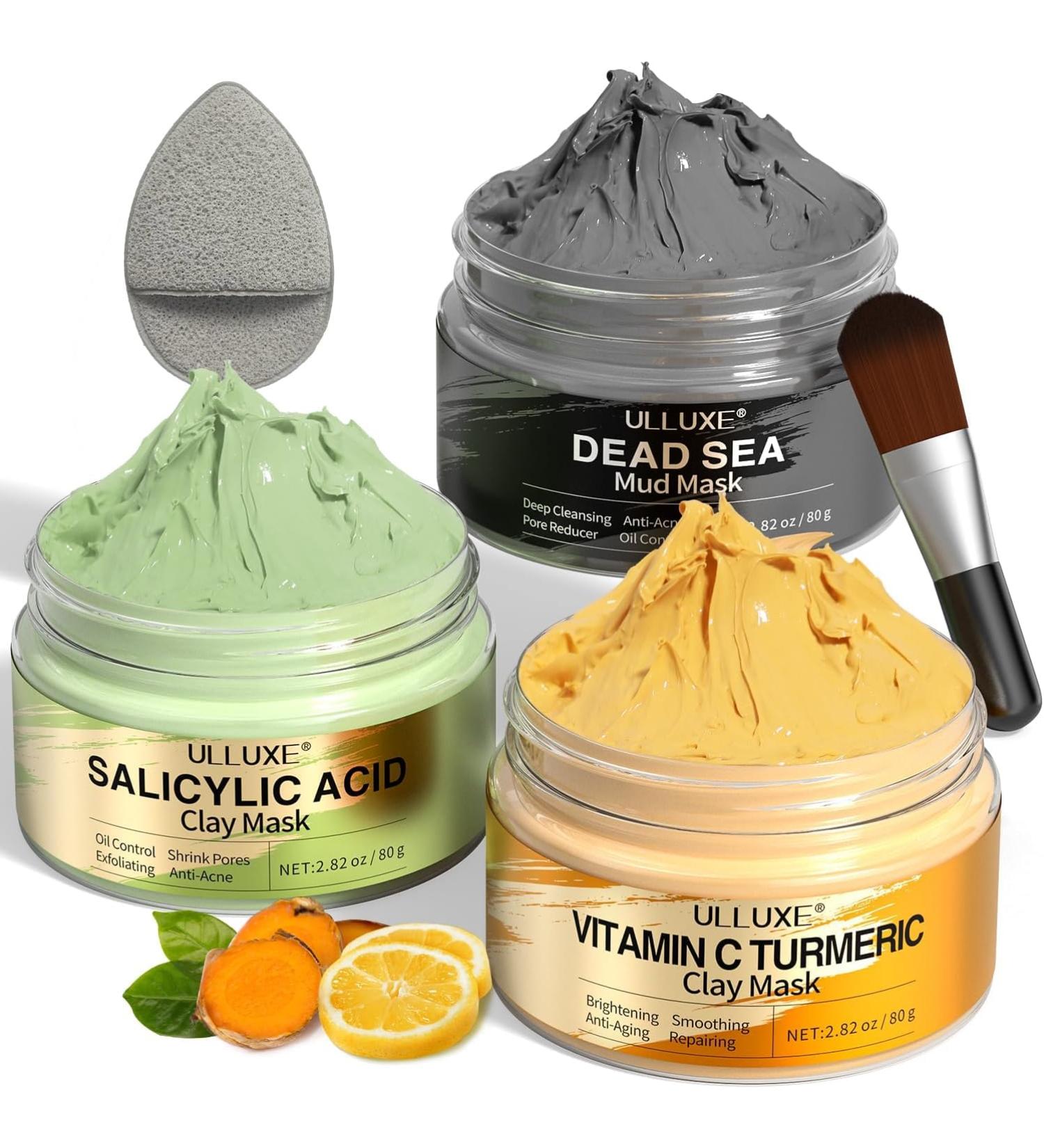 ulluxe Facial Mask Set Turmeric Vitamin C clay mask facial mask with salicylic acid Dead Sea mud facial clay mask for cleaning pores against blackheads dark spots 3x80g - Buy Online on GoSupps.com